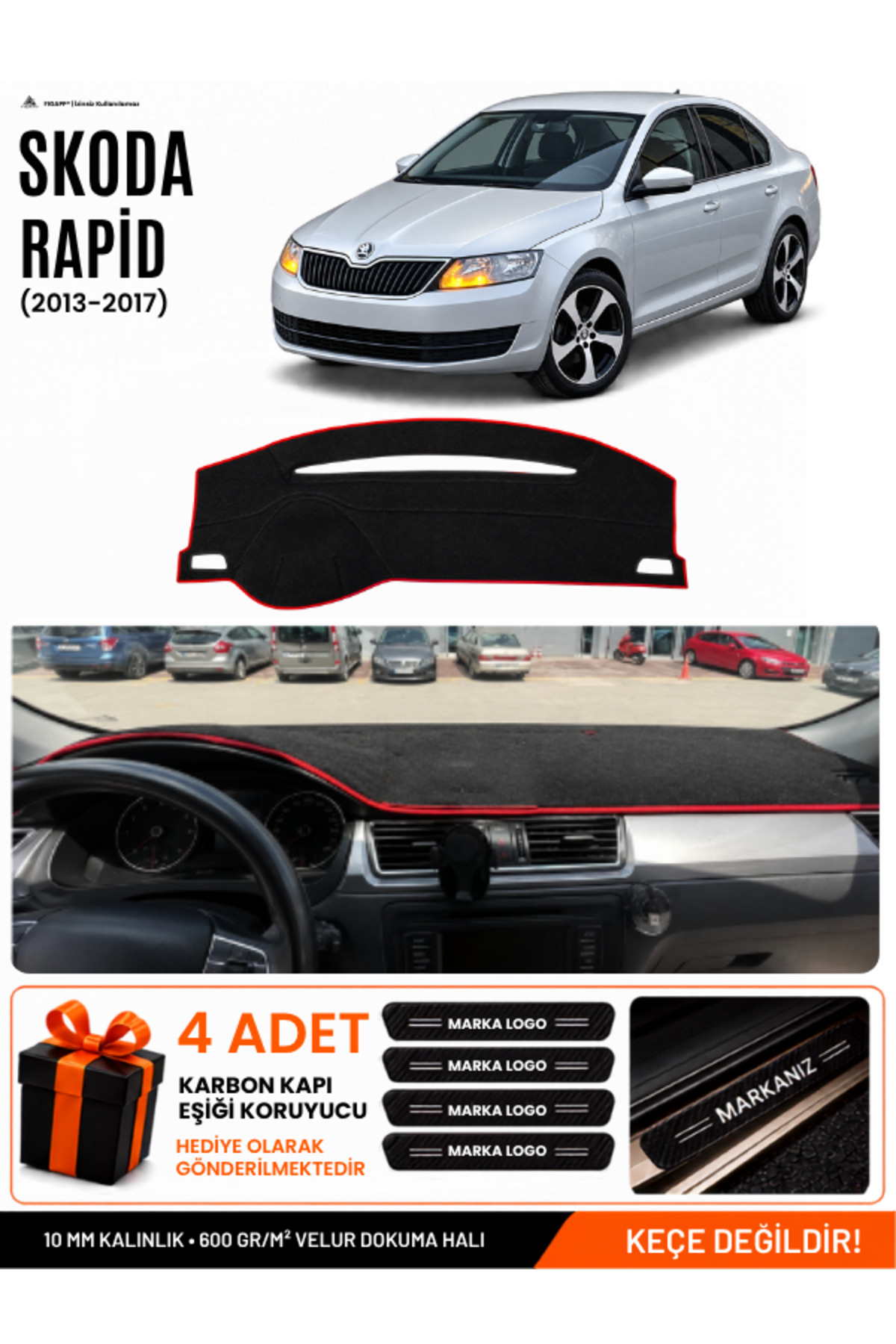 SKODA RAPİD (2013-2017) Uyumlu Torpido Siyah-Kırmızı
