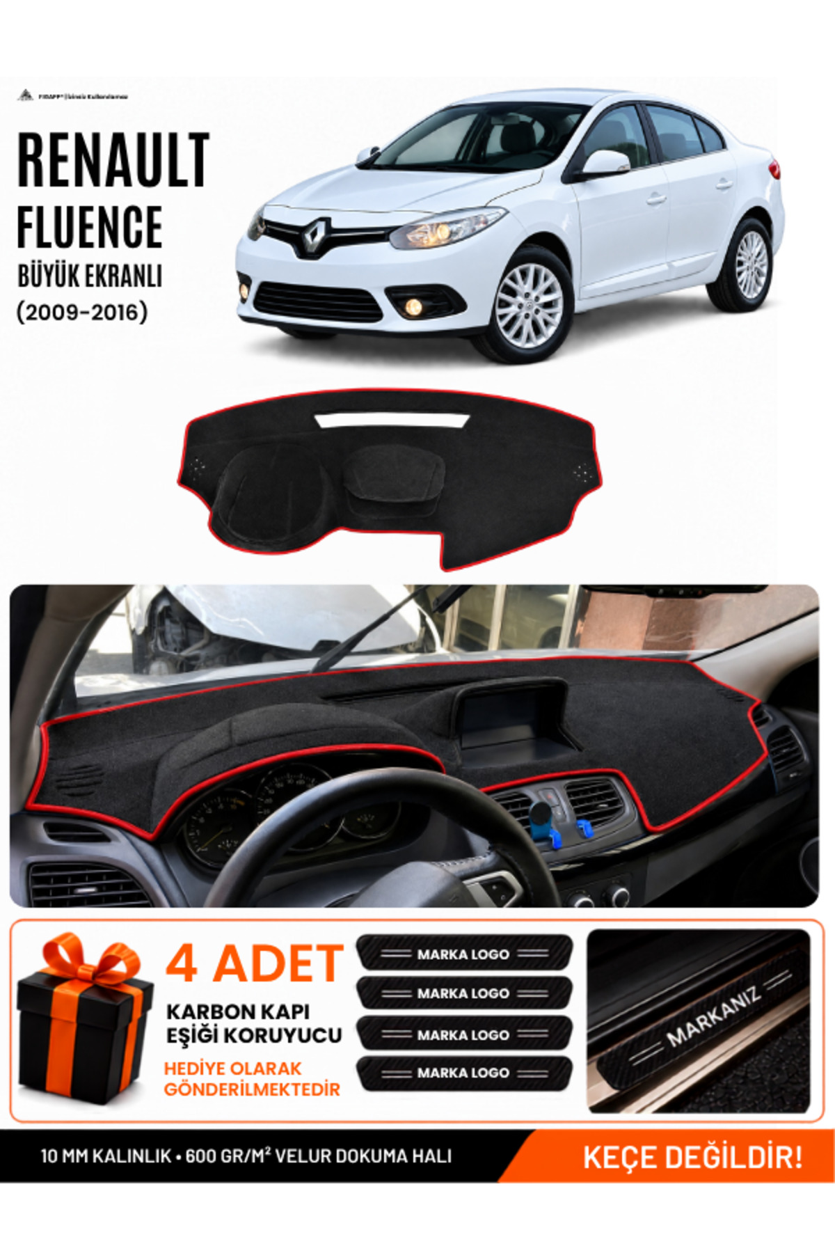 RENAULT FLUENCE BÜYÜK EKRANLI (2009-2016) Uyumlu Torpido Siyah-Kırmızı