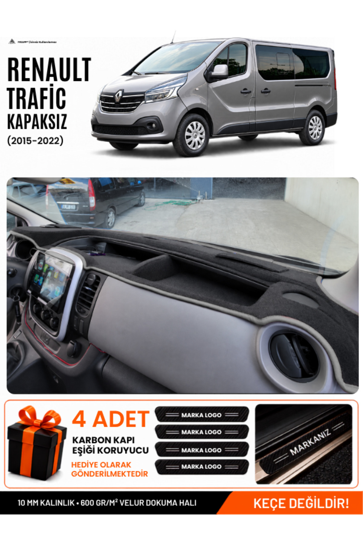 RENAULT TRAFIC KAPAKSIZ (2015-2022) Uyumlu Torpido Örtüsü, Torpido Kılıfı Siyah-Gri
