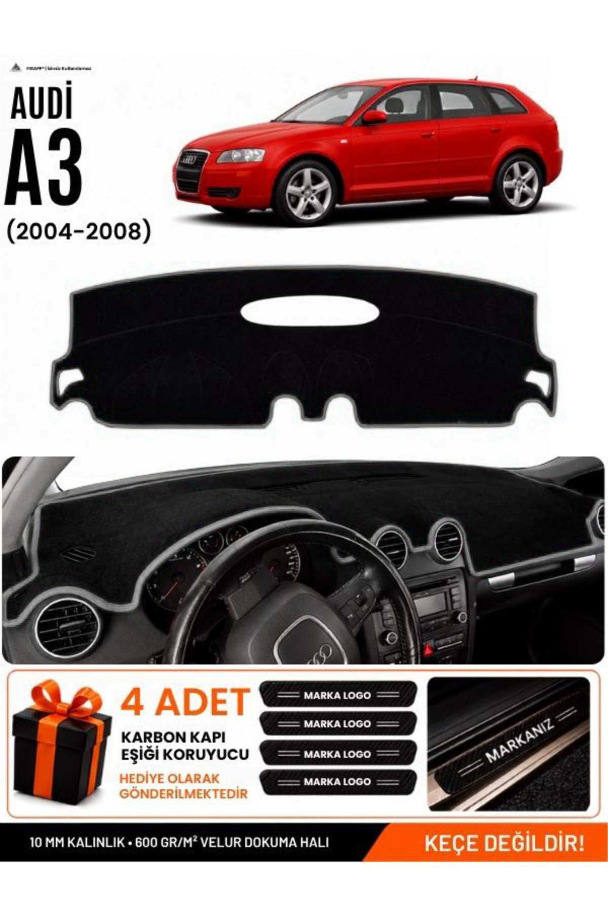 AUDI A3 (2004-2008) Uyumlu Torpido Koruma, Torpido Örtüsü, Torpido Kılıfı Siyah-Gri