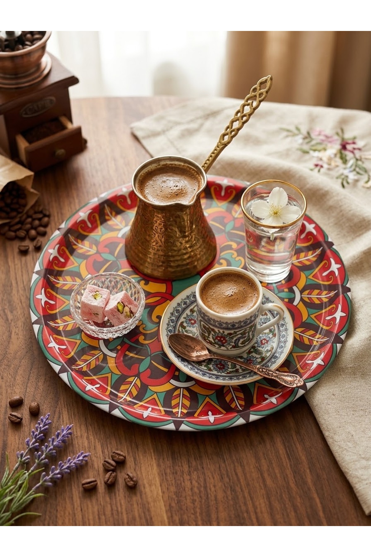 سینی سرو قهوه فلزی گرد 30 سانتیمتر با طرح مدرن اتنیک - 1 عدد