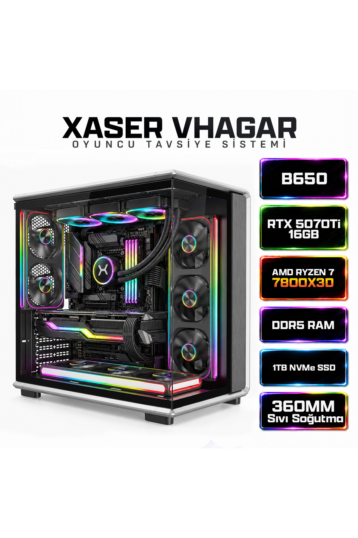 XASER Vhagar X3 Ryzen 7 7800X3D 16GB Ram 1TB M.2 NVMe SSD 16GB RTX5070Ti Oyuncu Tavsiye Sistem