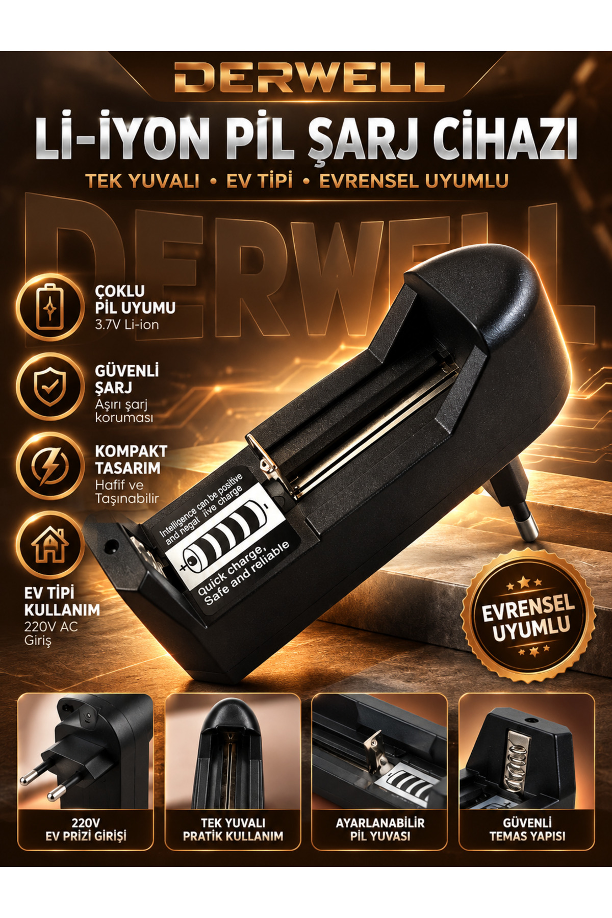 Universal Li-ion Pil Şarj Cihazı Tek Yuvalı 18650 26650 16340 14500 10440 Uyumlu 220V Avrupa Prizli Ayarlanabilir Pil Yatağı Kompakt Ev Tipi Lityum İyon Pil Şarj Adaptörü Pratik Kullanım