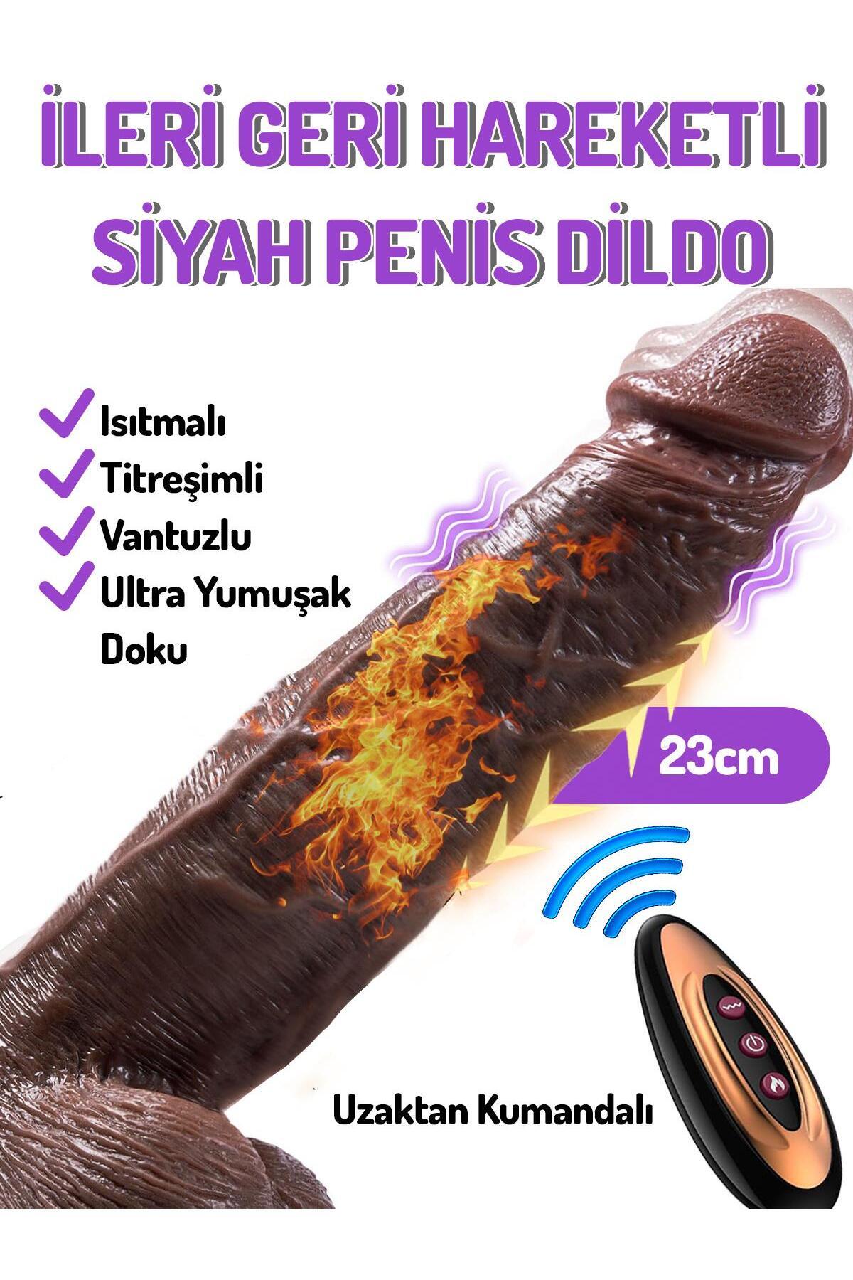 Uzaktan Kumandalı İleri Geri Hareketli Isıtmalı Titreşimli Vibratör 23 Cm Şarjlı Penis Siyah Dildo