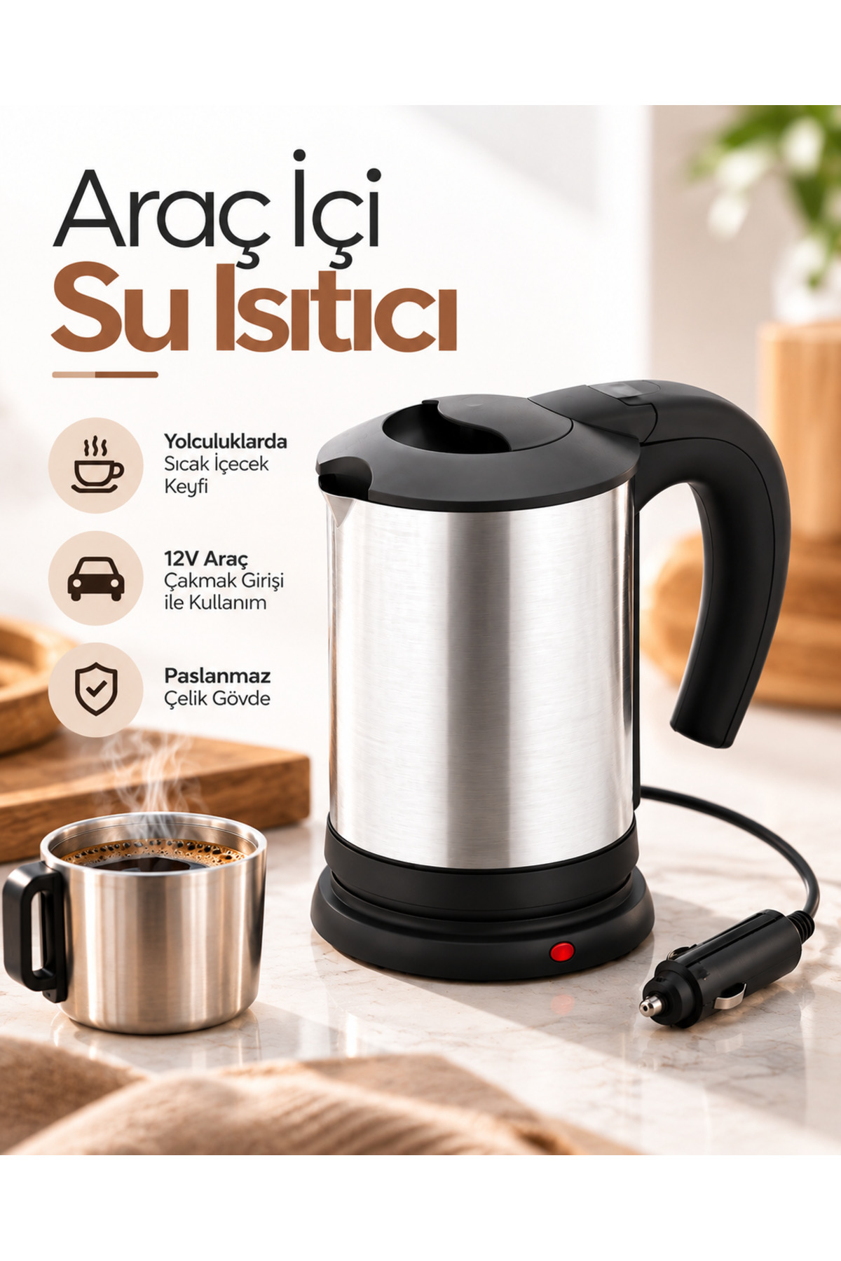 Boskord 12V Araçakmak Girişli Paslanmaz Çelik Araç İçi Su Isıtıcı Seyahat Tipi Kettle