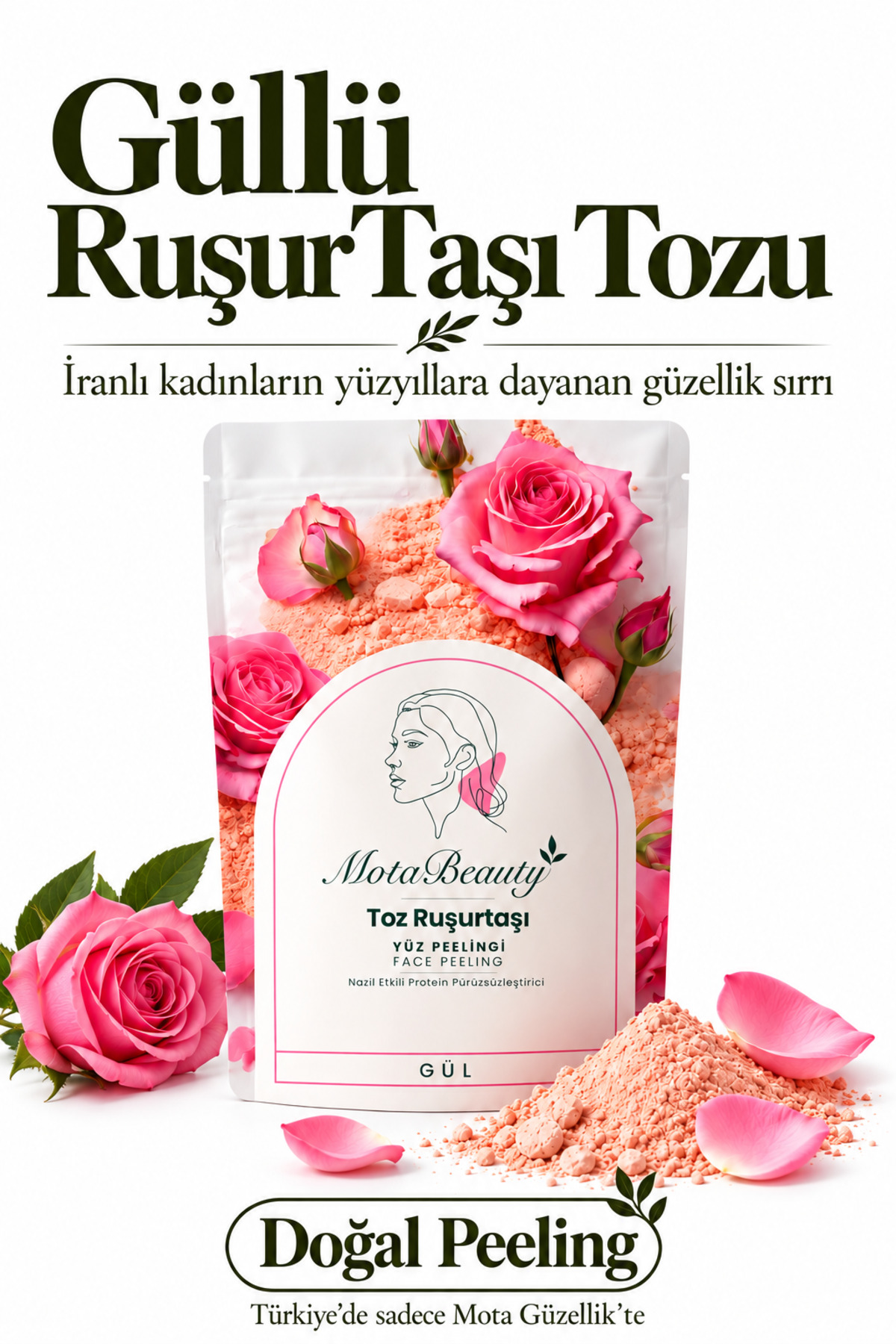پودر سنگ روسور (سفیداب ایرانی) لایه بردار طبیعی صورت - گل رز - تنظیم رنگ پوست، از بین برنده پوست مرده، ضد جوش سرسیاه — MOTA-RUSUR-POWDER-ROSE