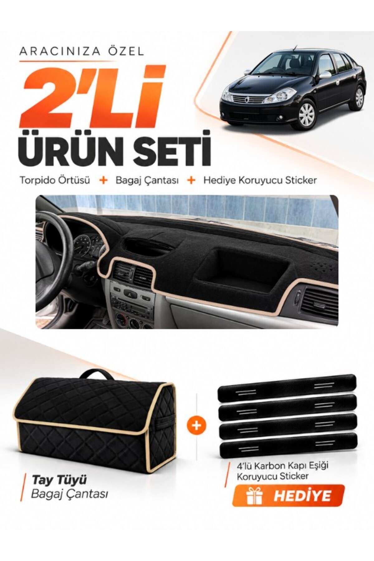 RENAULT SYMBOL AİRBAGSİZ (2008-2011) Uyumlu Torpido Örtüsü + Tay Tüyü Bagaj Çantası Seti - RE029 Siyah-Bej