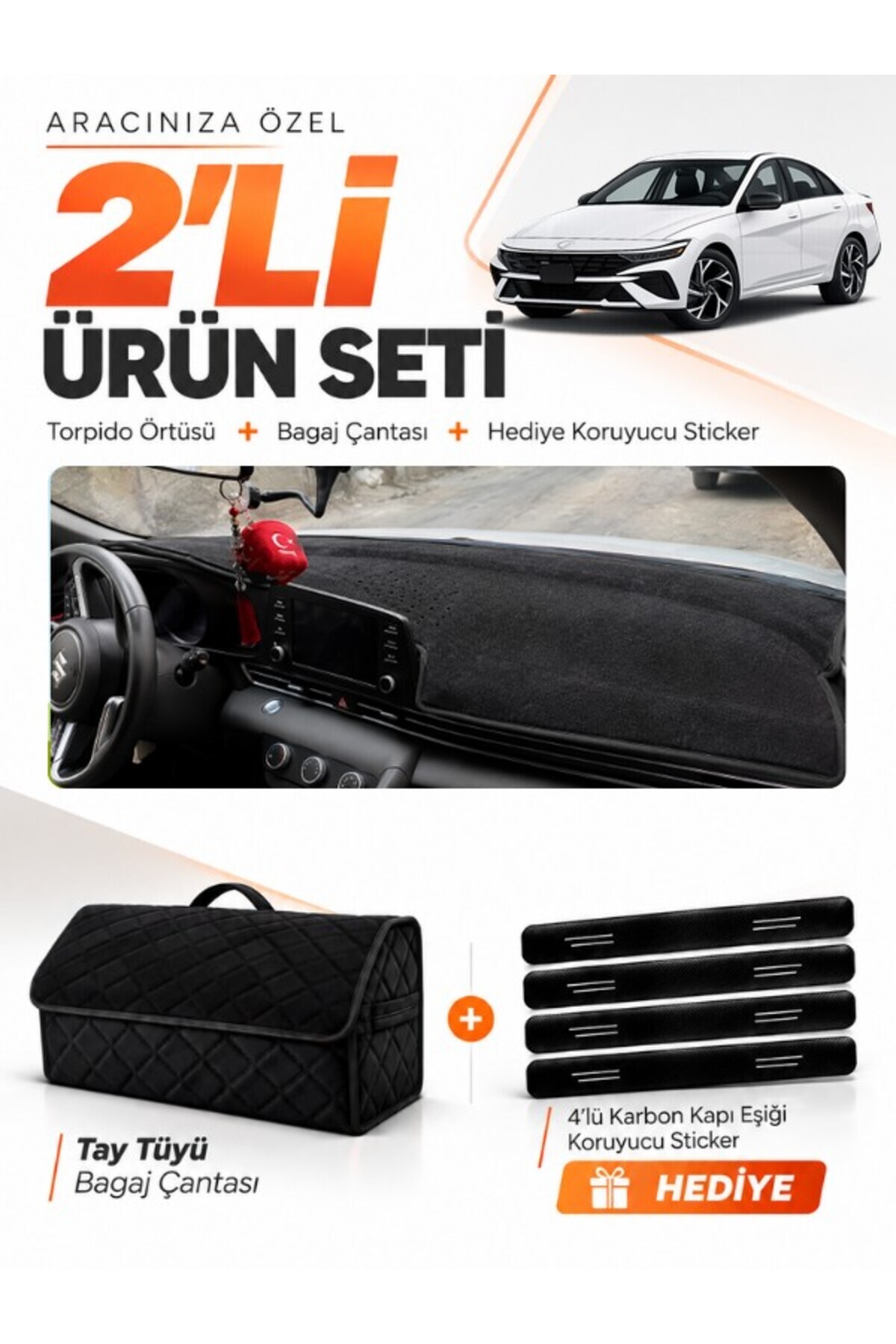 HYUNDAİ ELANTRA (2020-2026) Uyumlu Torpido Örtüsü + Tay Tüyü Bagaj Çantası + Sticker Seti - HU018 Siyah