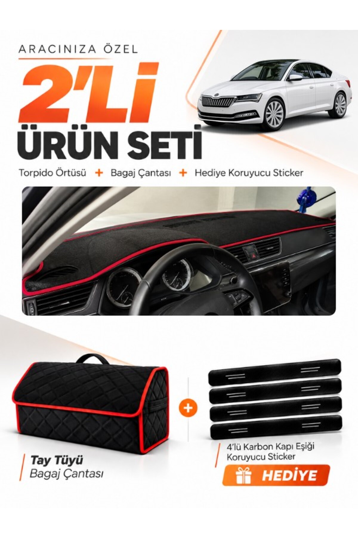 SKODA SUPER-B (2015-2021) Uyumlu Torpido Örtüsü + Tay Tüyü Bagaj Çantası + Sticker Seti - SK012 Siyah-Kırmızı