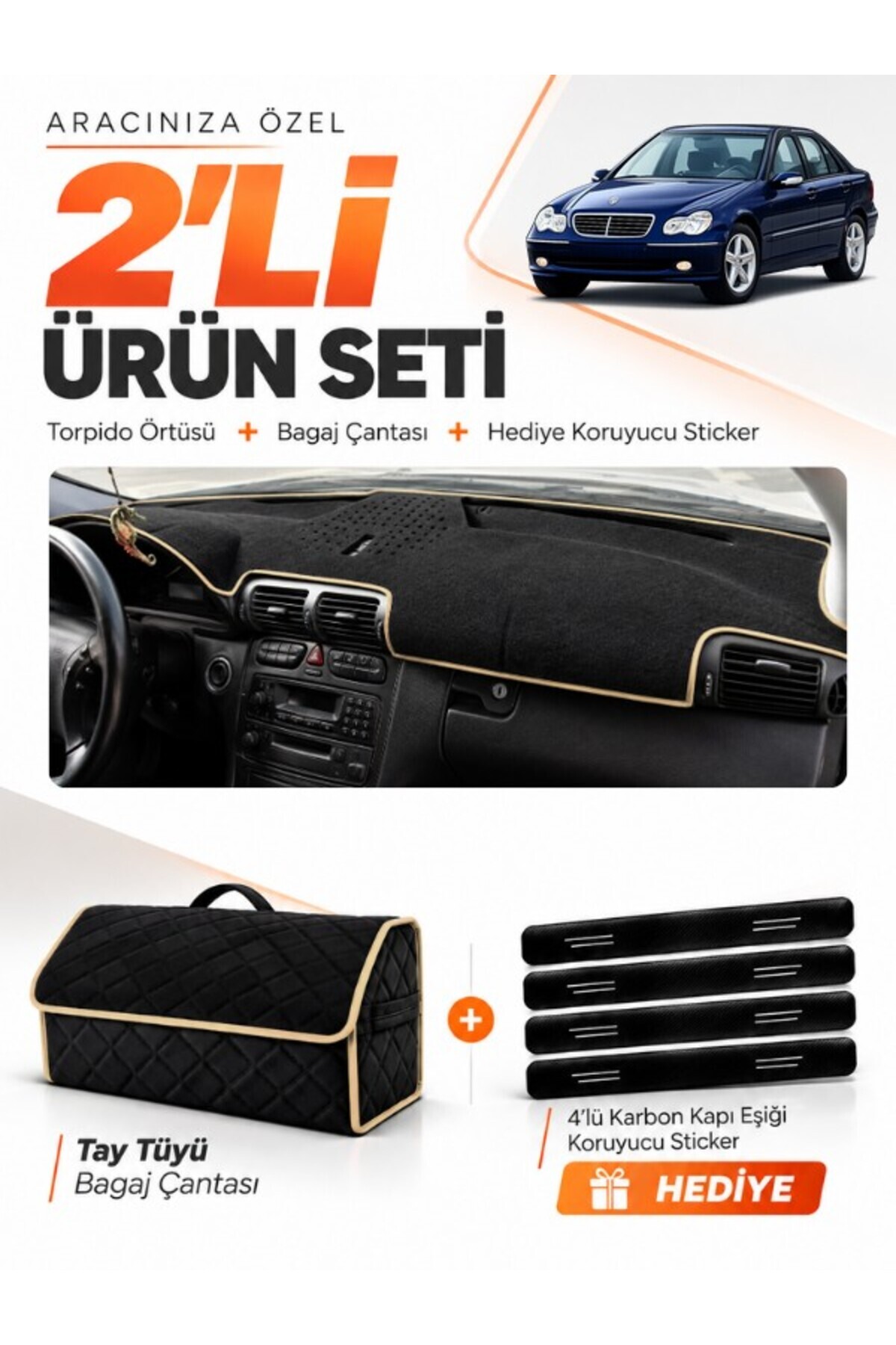 MERCEDES W203 C-CLASS (2000-2007) Uyumlu Torpido Örtüsü + Tay Tüyü Bagaj Çantası Seti - MB005 Siyah-Bej