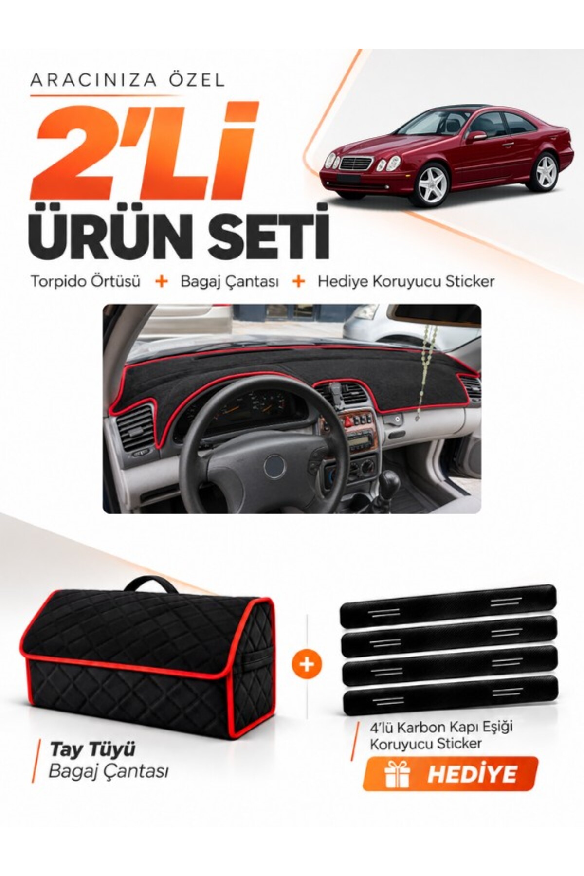 MERCEDES W208-C208 CLK (1997-2002) Uyumlu Torpido Örtüsü + Tay Tüyü Bagaj Çantası Seti - MB009