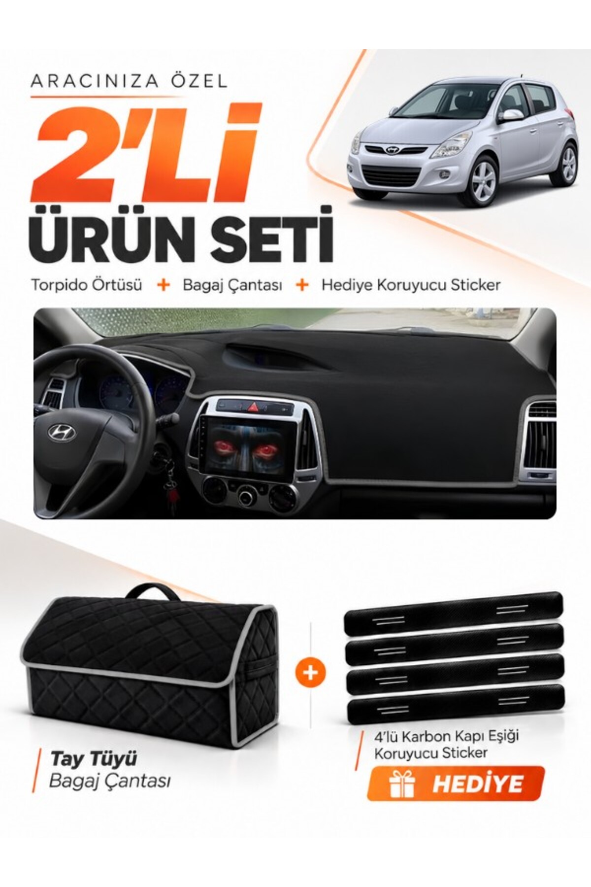 HYUNDAİ İ20 (2008-2014) Uyumlu Torpido Örtüsü + Tay Tüyü Bagaj Çantası + Sticker Seti - HU001 Siyah-Gri