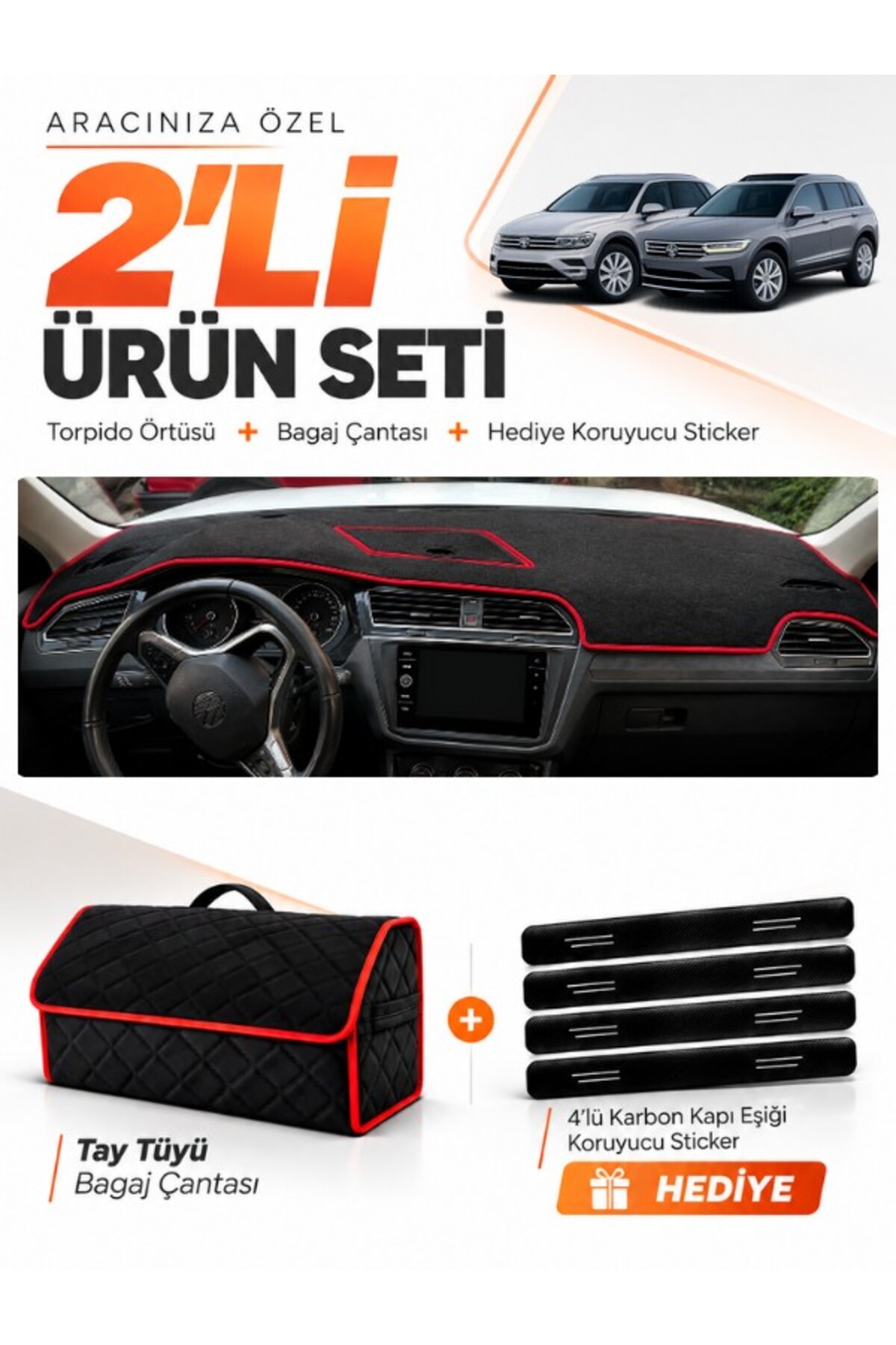 VOLKSWAGEN TİGUAN (2016-2023) Uyumlu Torpido Örtüsü + Tay Tüyü Bagaj Çantası + Sticker Seti - VW024 Siyah-Kırmızı