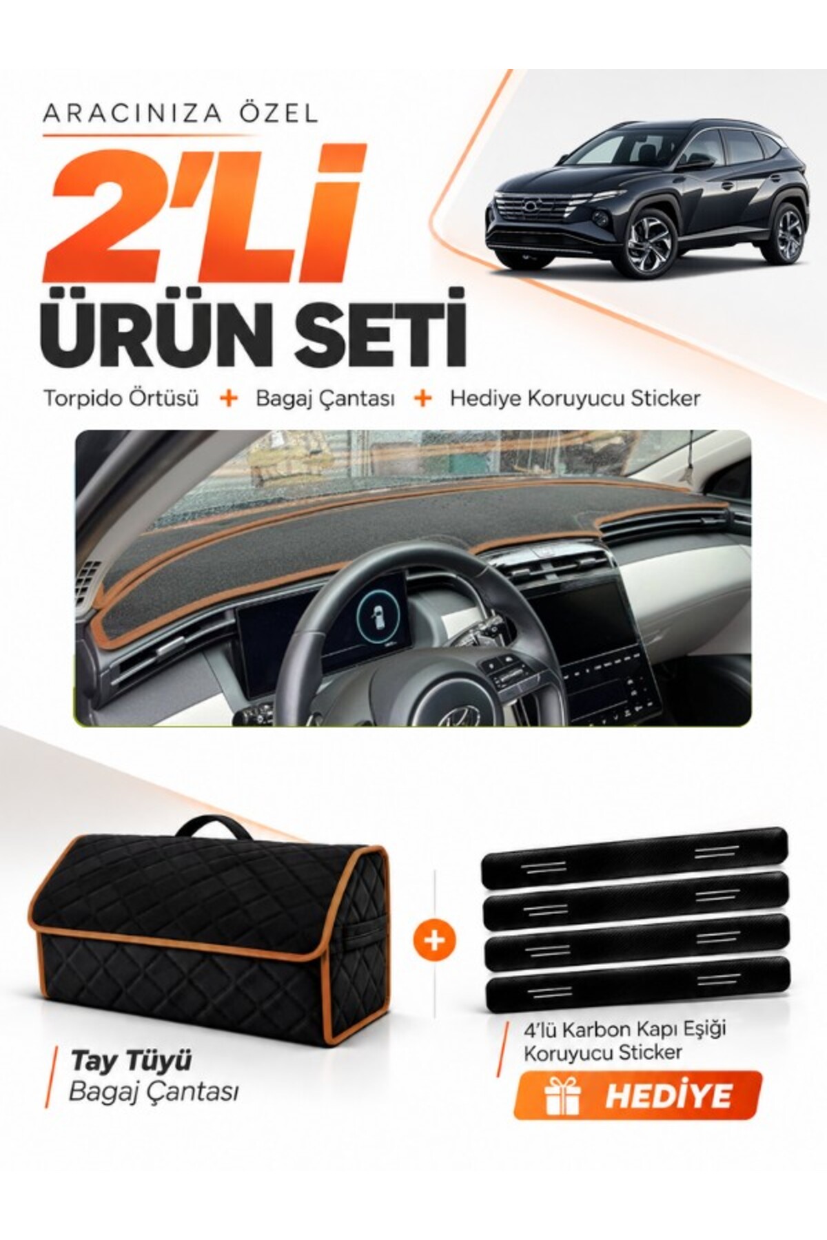 HYUNDAİ TUCSON (2021-2024) Uyumlu Torpido Örtüsü + Tay Tüyü Bagaj Çantası + Sticker Seti - HU037 Siyah-Kahverengi