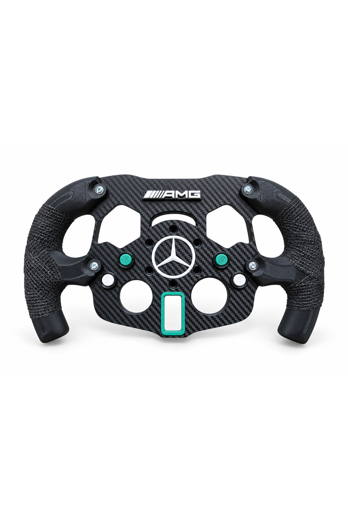 Logitech G29, G920 ve G923 uyumlu Mercedes F1 direksiyon kiti, takım logosu ve düğme ayrıntıları ve ön yüz görünümü.