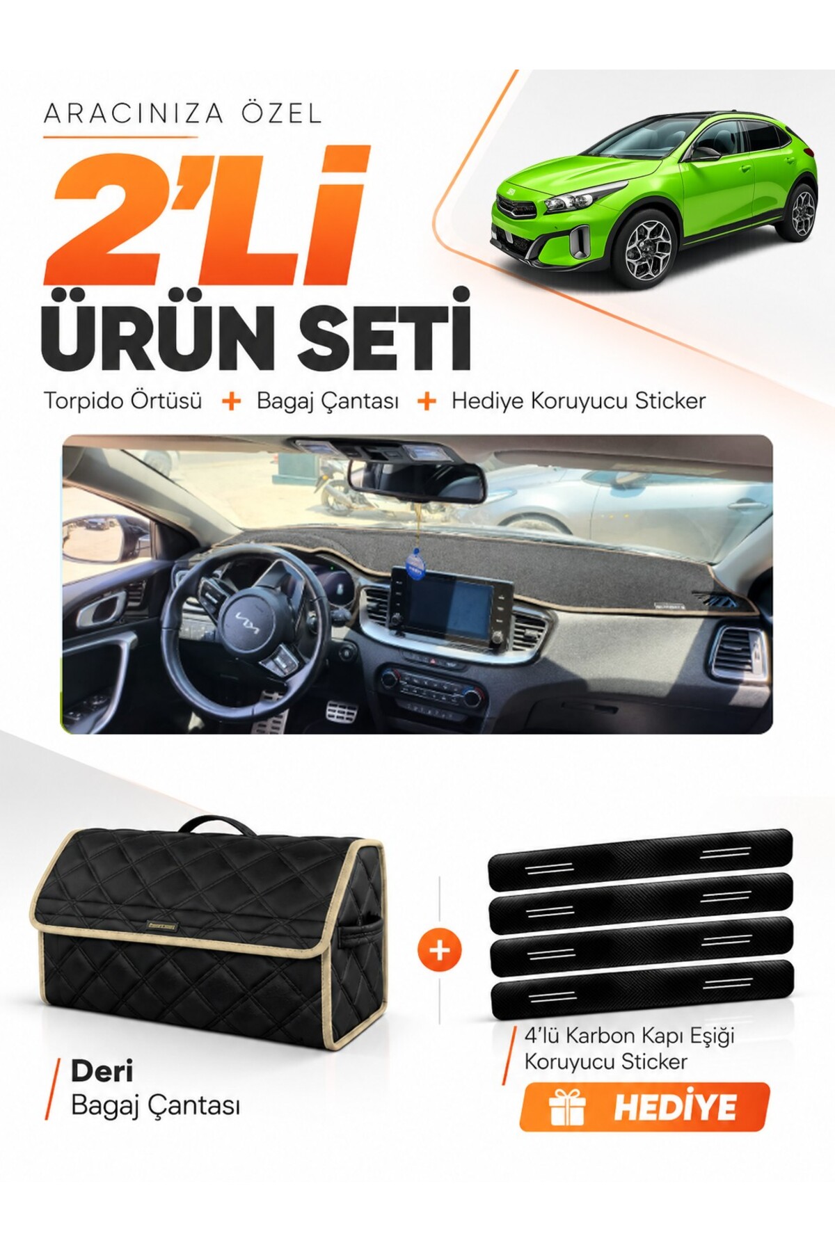 KİA X-CEED (2020-2025) Uyumlu Torpido Örtüsü + Deri Bagaj Çantası + Sticker Seti - KI005 Siyah-Bej