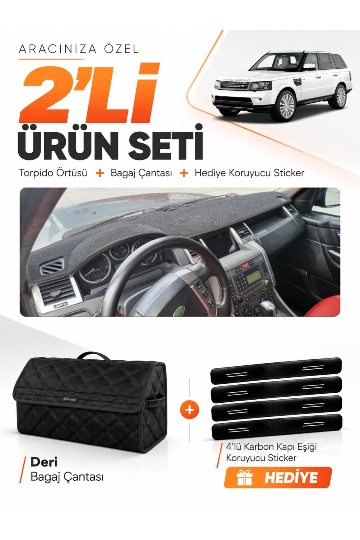 LAND ROVER RANGE ROVER SPORT (2005-2013) Uyumlu Torpido Örtüsü + Deri Bagaj Çantası Seti - LR004 Siyah