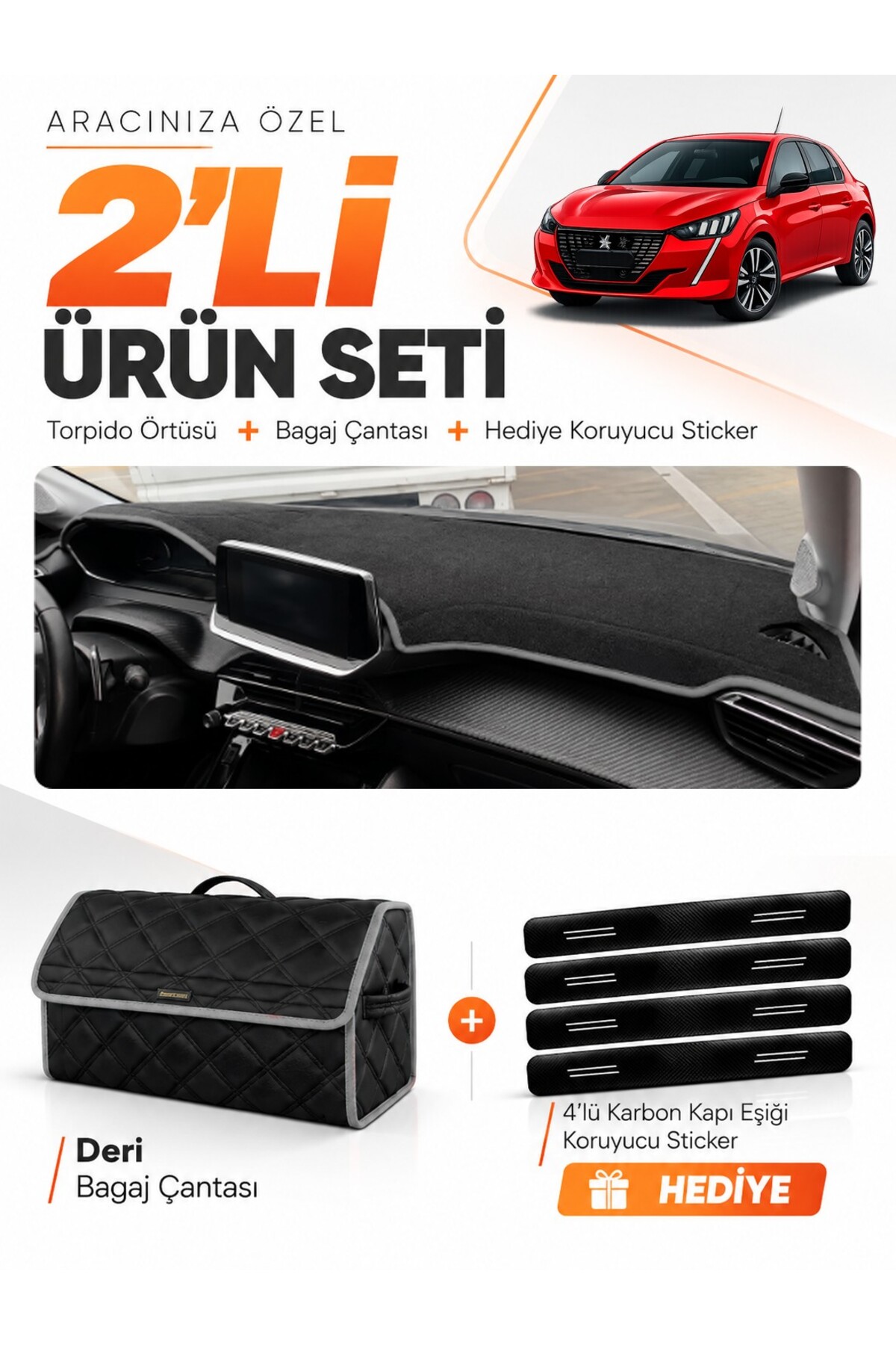 PEUGEOT 208 (2020-2024) Uyumlu Torpido Örtüsü + Deri Bagaj Çantası + Sticker Seti - PE006 Siyah-Gri