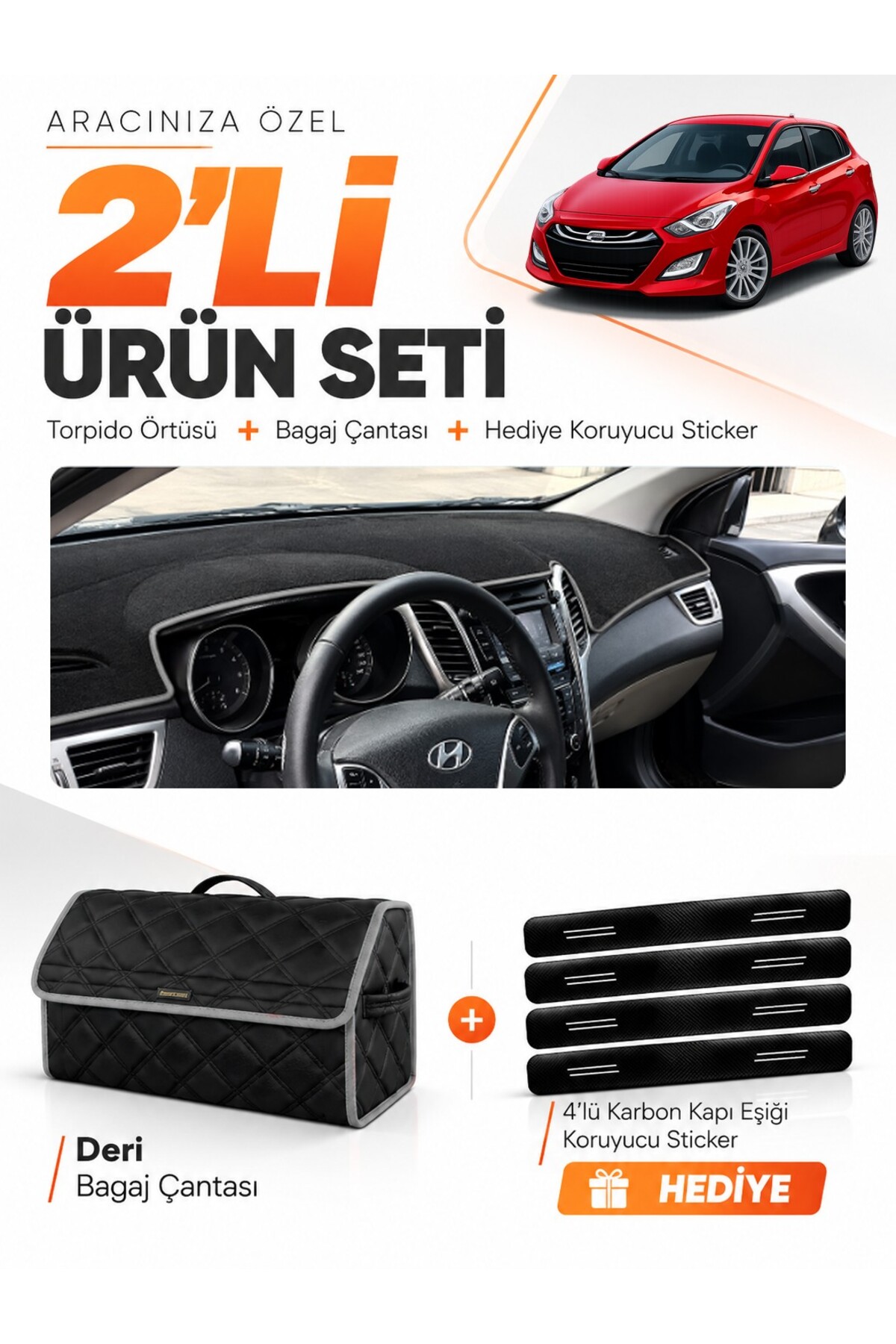 HYUNDAİ İ30 (2012-2016) Uyumlu Torpido Örtüsü + Deri Bagaj Çantası + Sticker Seti - HU005 Siyah-Gri