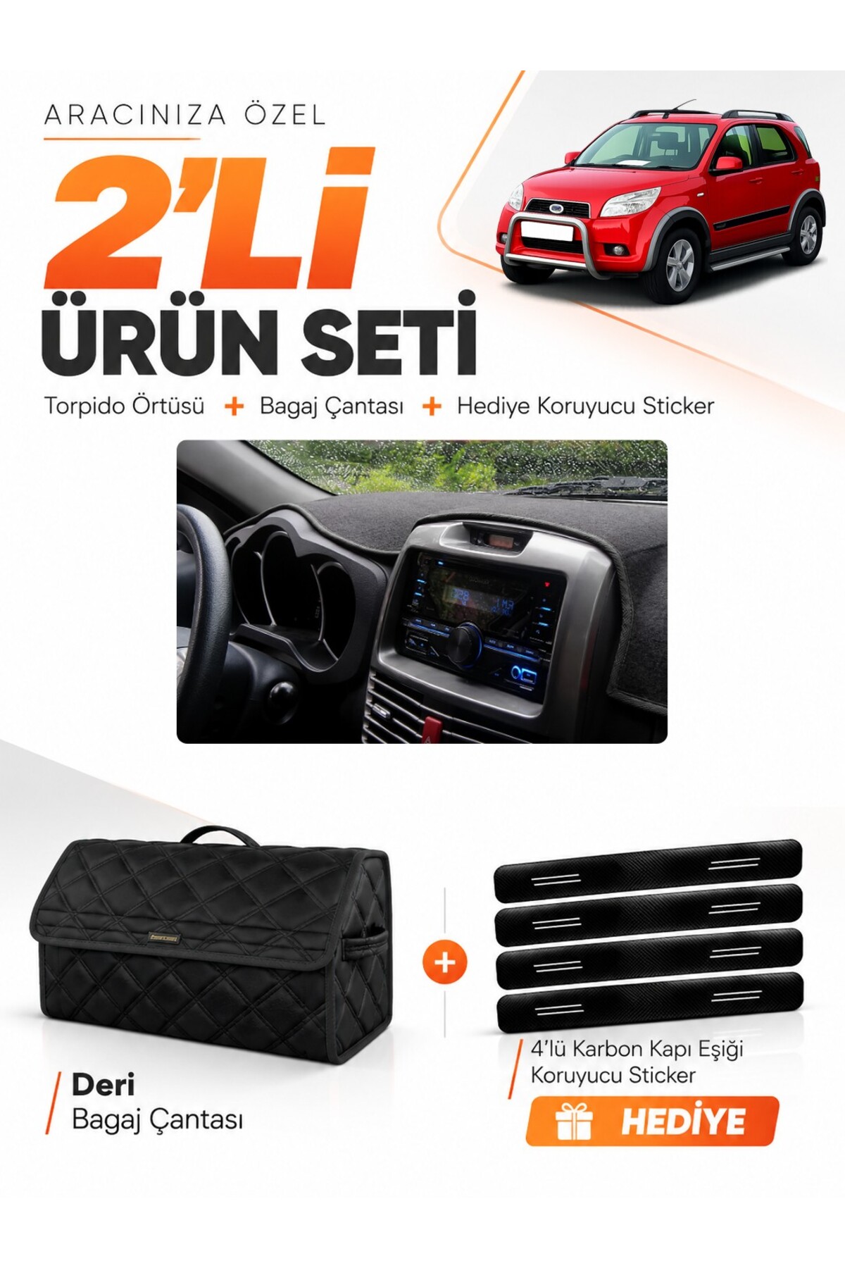 DAIHATSU TERIOS (2006-2011) Uyumlu Torpido Örtüsü + Deri Bagaj Çantası + Sticker Seti - DH001 Siyah