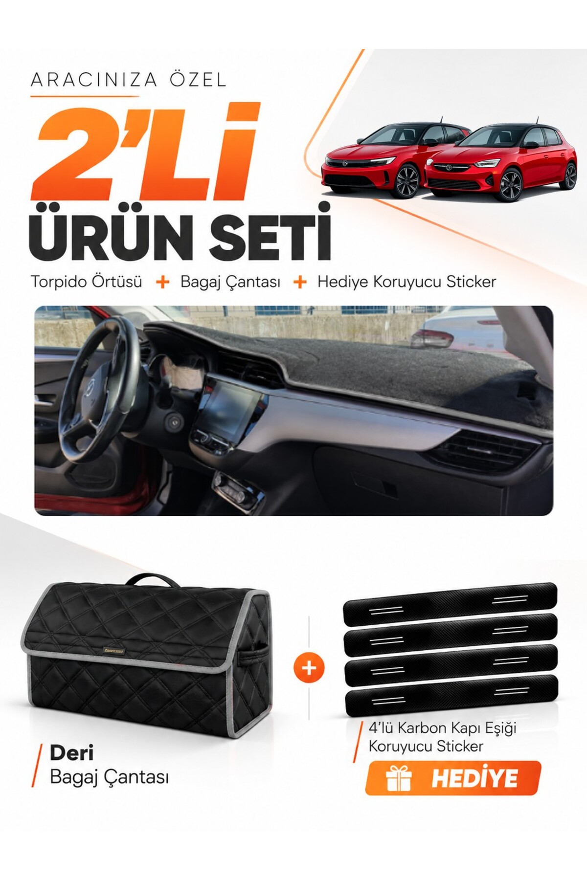 OPEL CORSA F (2019-2026) Uyumlu Torpido Örtüsü + Deri Bagaj Çantası + Sticker Seti - OP020 Siyah-Gri
