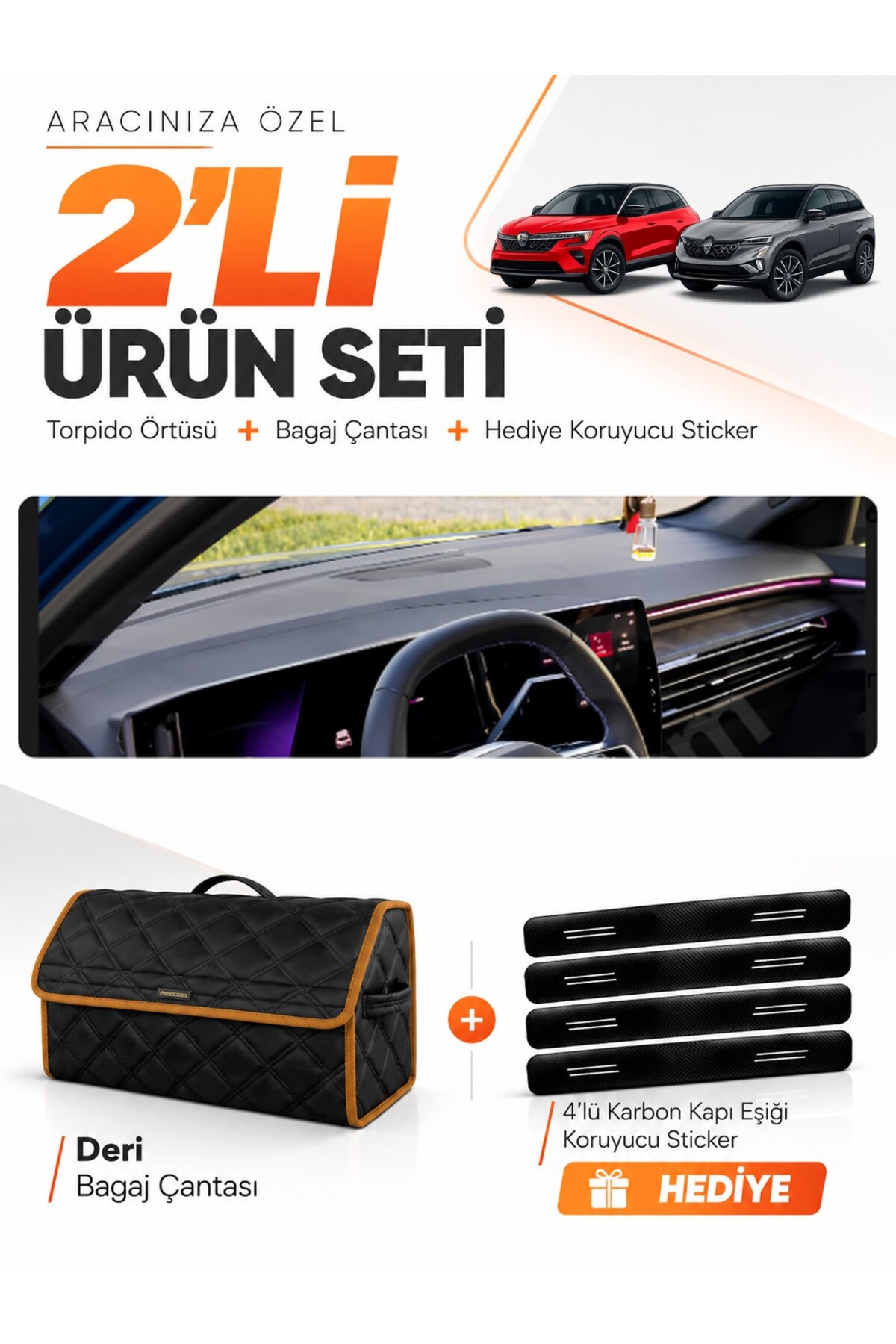 RENAULT AUSTRAL (2023-2026) Uyumlu Torpido Örtüsü + Deri Bagaj Çantası + Sticker Seti - RE052 Siyah-Kahverengi