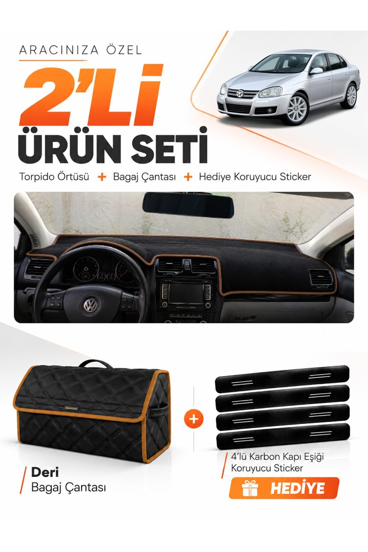 VOLKSWAGEN JETTA (2007-2011) Uyumlu Torpido Örtüsü + Deri Bagaj Çantası + Sticker Seti - VW010 Siyah-Kahverengi