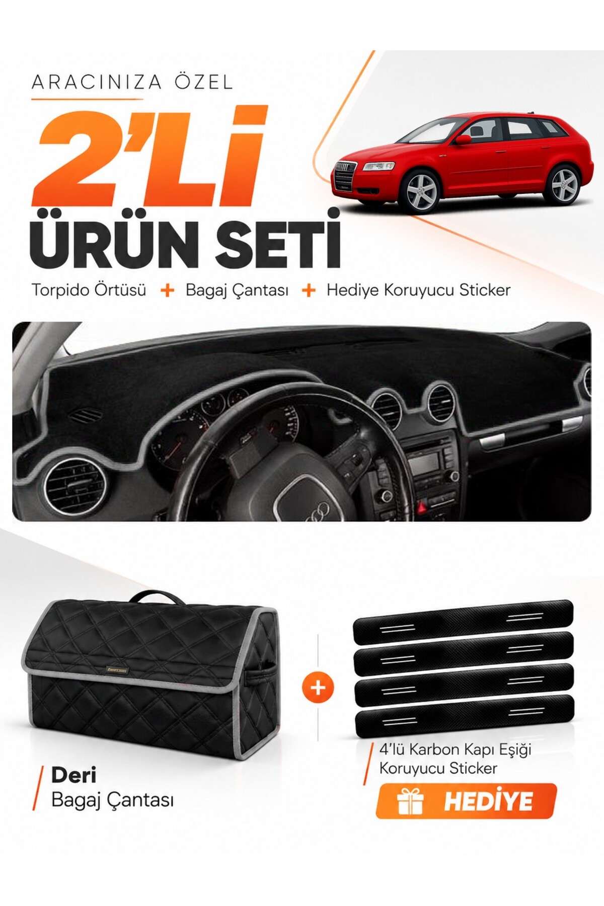 AUDI A3 (2004-2008) Uyumlu Torpido Örtüsü + Deri Bagaj Çantası + Sticker Seti - AU002