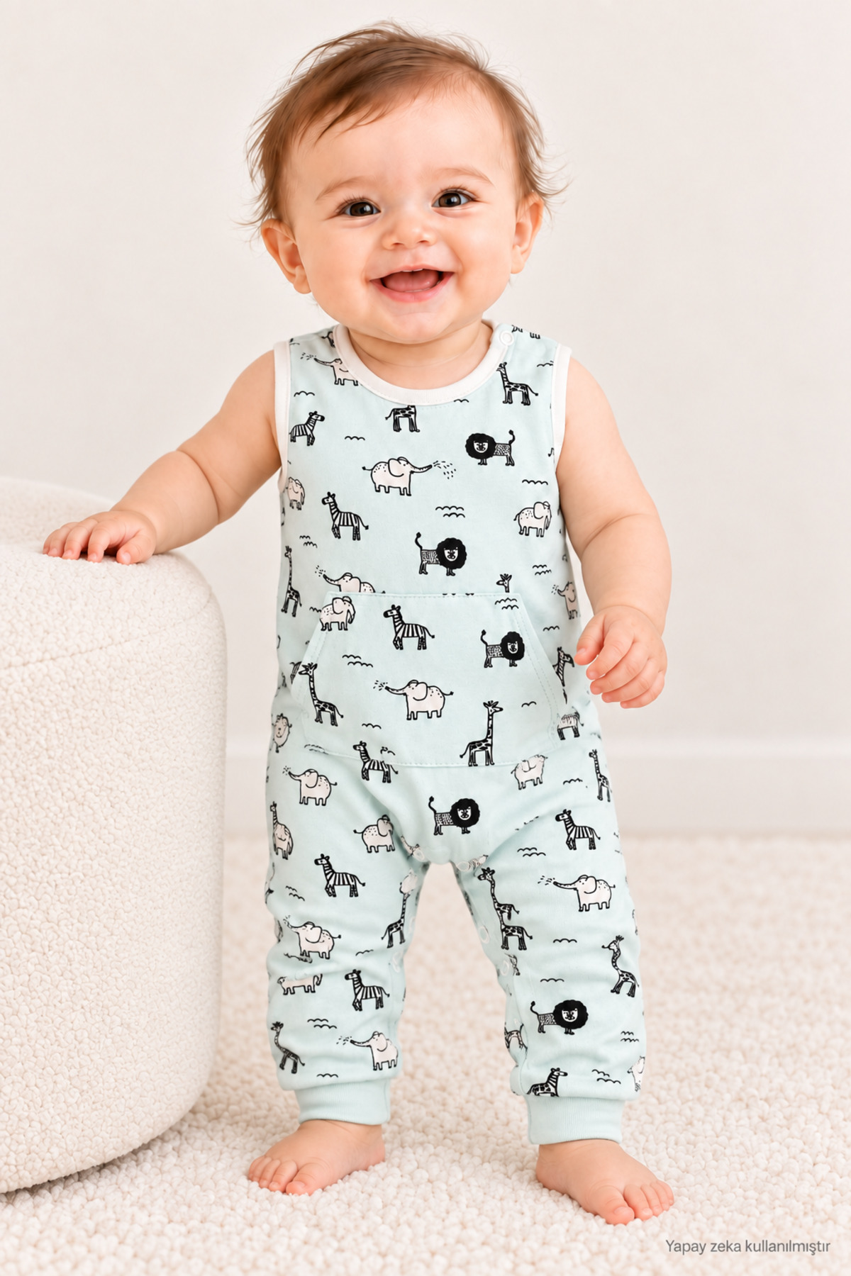 Safari Hayvan Desenli Mint Yeşili Kolsuz Cepli Unisex Bebek Tulum