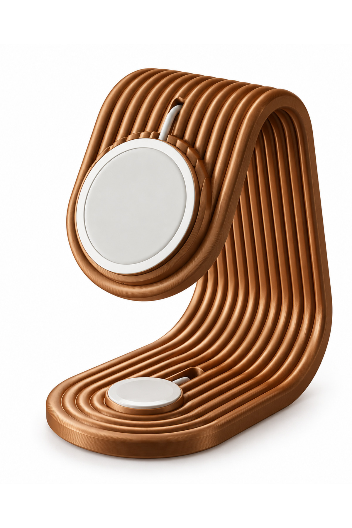 Mira Duo Watch ve Telefon Şarj Standı, metalik bronz renkli gövdeyle çift şarj diskini taşıyan dalgalı standın önden ürün görünümü.