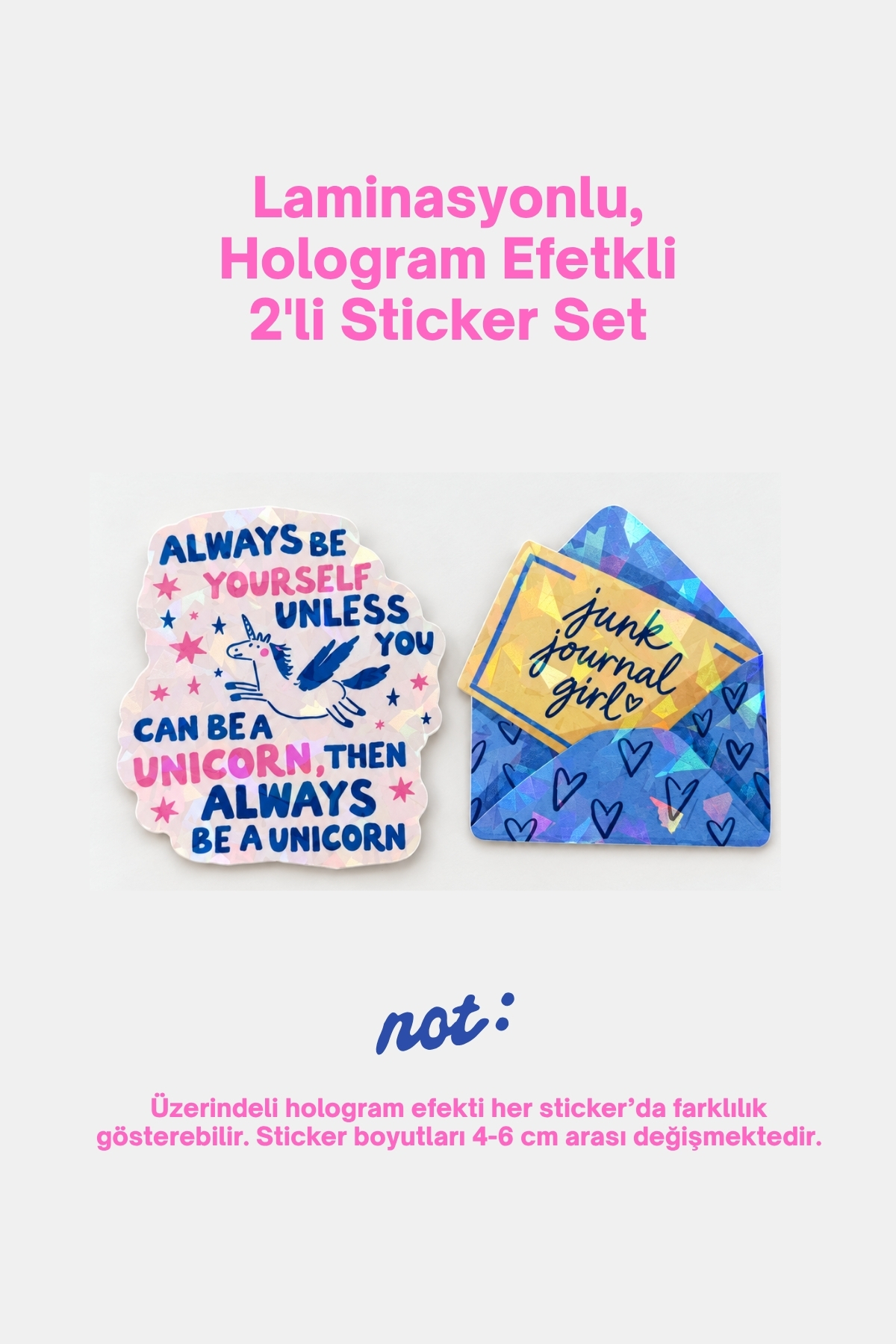 Mavi Tipografi 2’li Hologram Efektli Laminasyonlu Sticker Seti, Ajanda Etiketi, Çok Amaçlı Sticker, Su Geçirmez