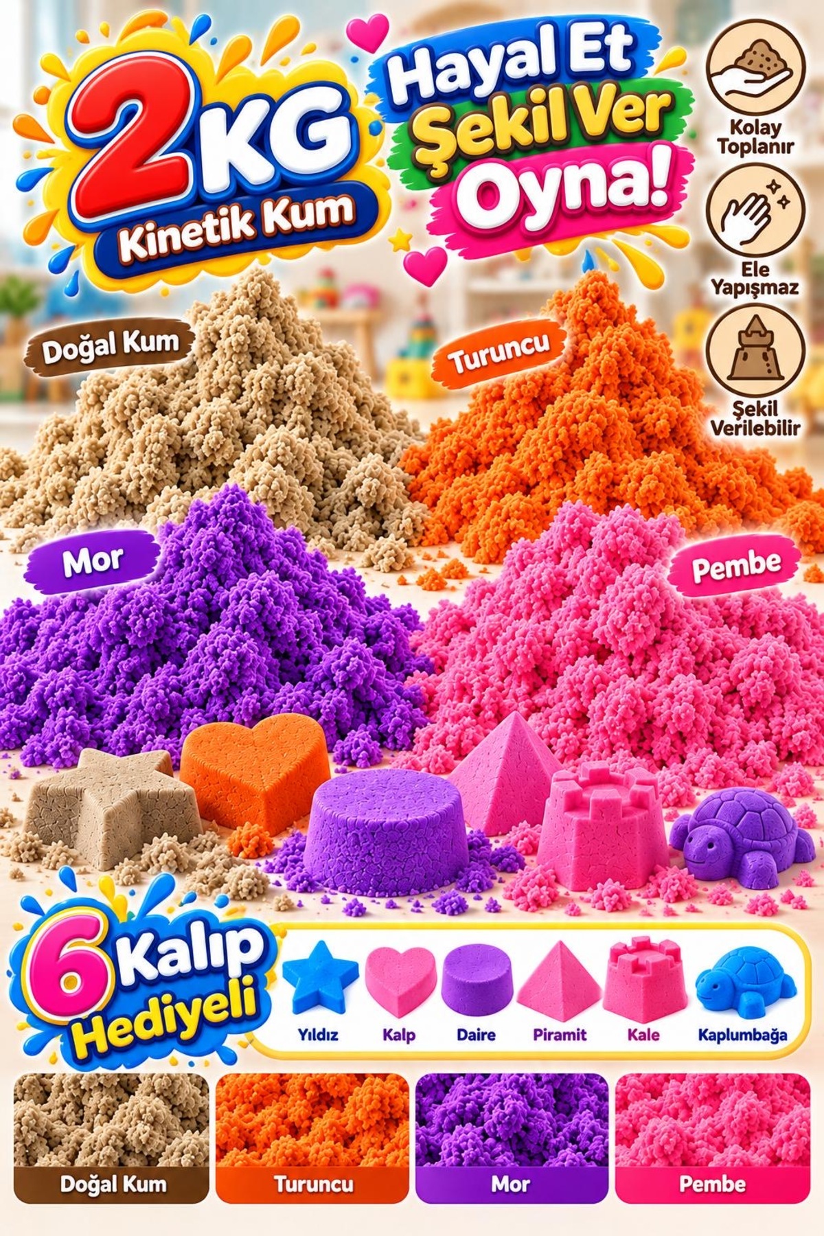 Toyuncakçı 2 Kg Kinetik Kum Seti 4 Renk Doğal Turuncu Mor Pembe 6 Kalıp Hediyeli Çocuk Oyun Kumu
