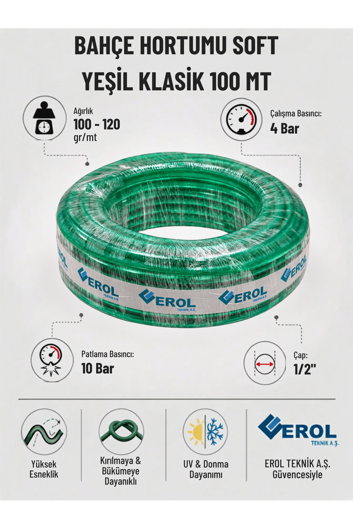 Erol Teknik BAHÇE HORTUMU SOFT YEŞİL KLASİK 100 MT