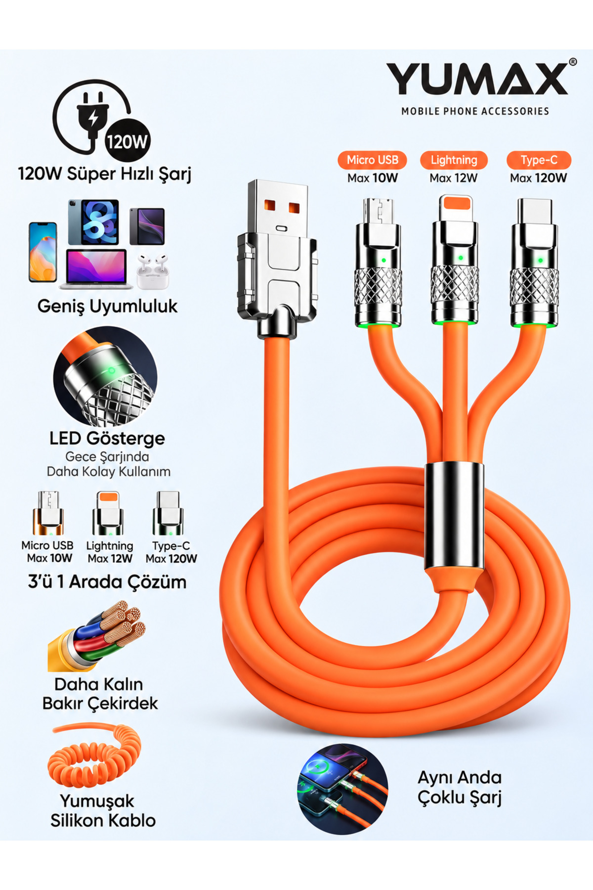 yumax 120W 3in1 Hızlı Şarj Kablosu 6A Silikon Type-C Lightning