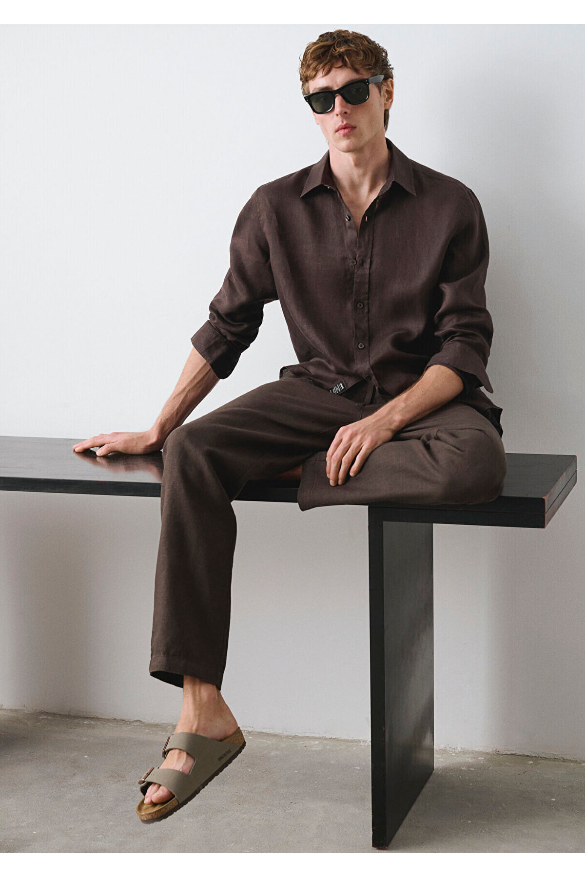 Kahverengi Keten Gömlek Slim Fit / Dar Kesim 0211466-70219 — قهوه‌ای — تصویر 2 از 6