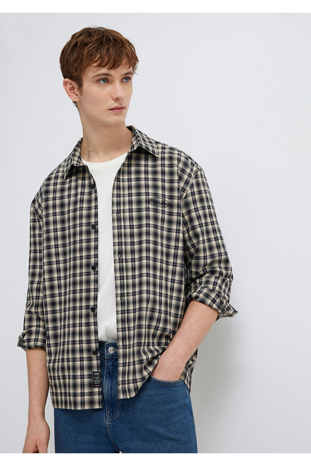 Jeans Nakışlı Siyah Ekose Gömlek Loose Fit / Bol Rahat Kesim 0211880-91417 — مشکی — تصویر 2 از 8