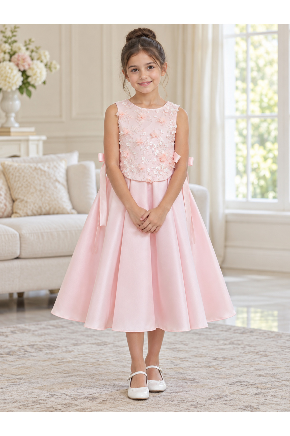 Girls Pink Princess Dress with 3D Flowers and Glitter Details