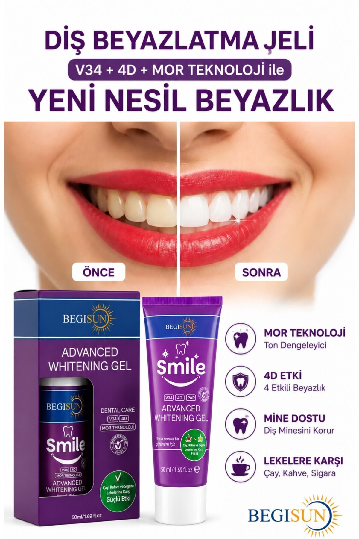 Hysmile BEGISUN Smile Diş Beyazlatma Jeli 50 ml V34 4D Etkili Leke