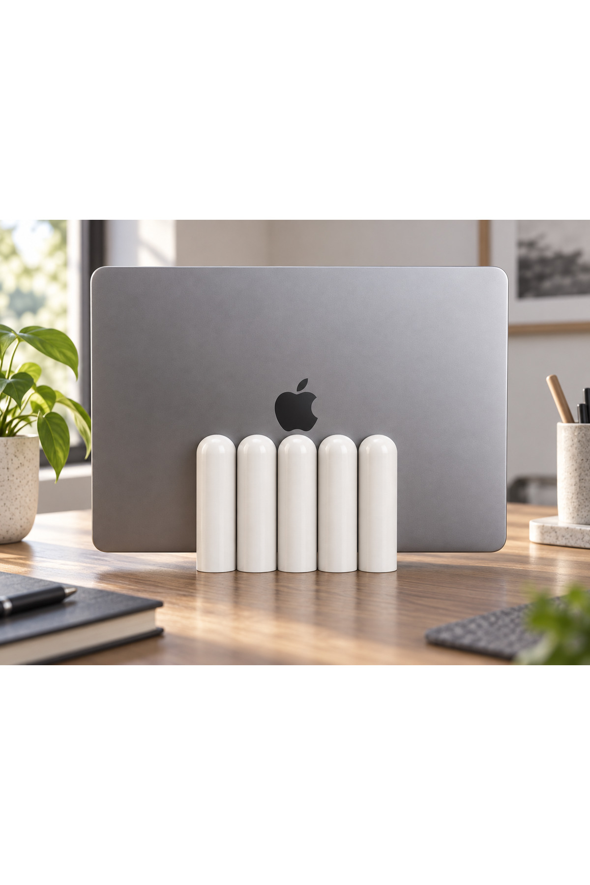 Dora Dekoratif Dikey Macbook Standı - Beyaz, dizüstü bilgisayarla masa üzerinde kullanım görünümü.