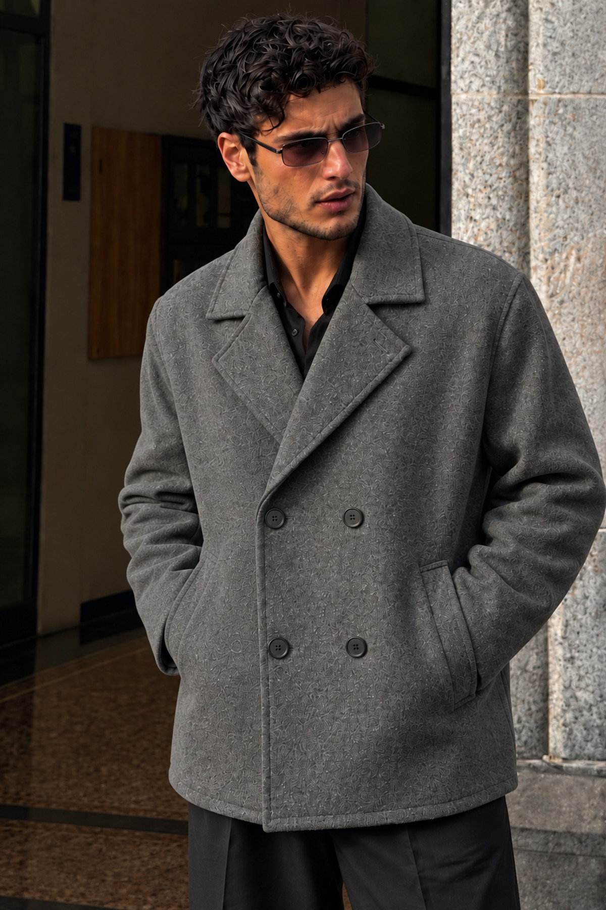 Erkek Oversize Kruvaze Kaşe Kaban — خاکستری 155 — تصویر 3 از 6