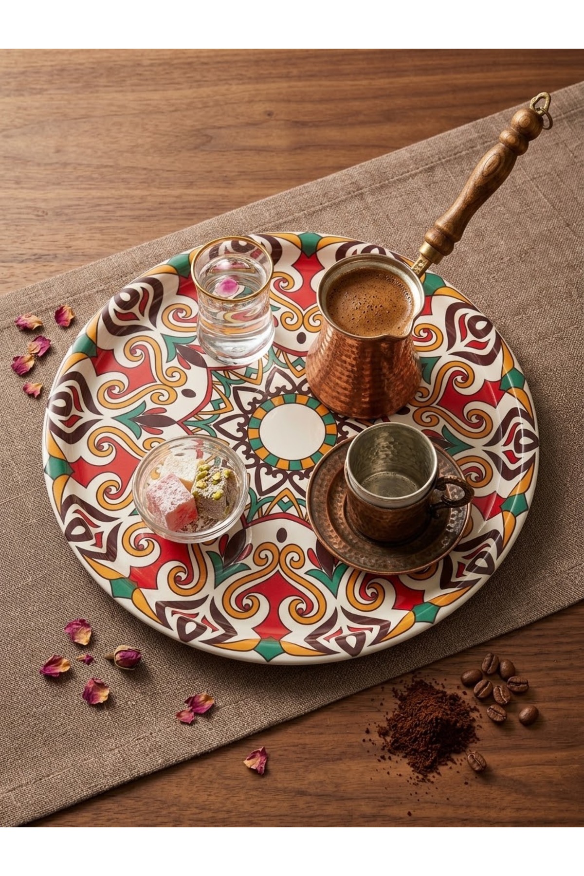 سینی سرو قهوه فلزی گرد 30 سانتیمتر با طرح مدرن اتنیک - 1 عدد