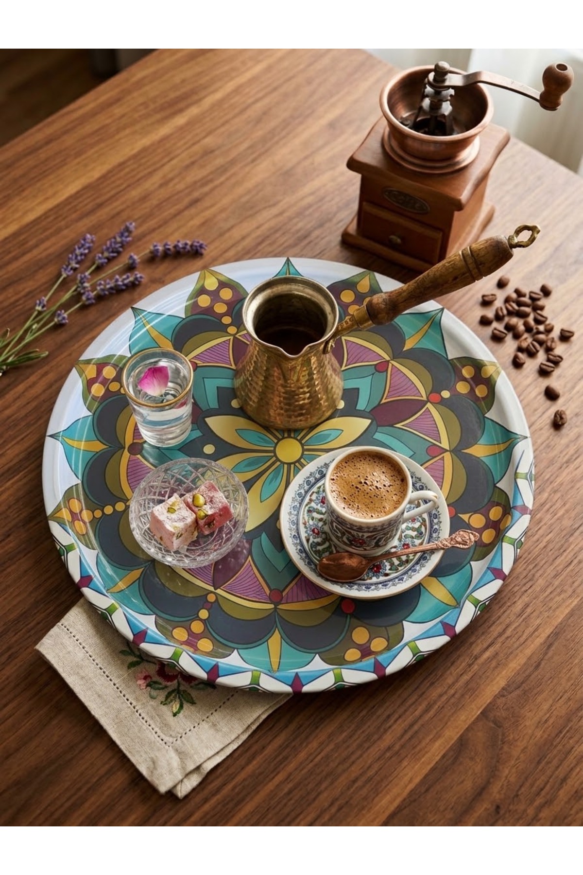 سینی سرو قهوه فلزی گرد 30 سانتیمتر با طرح مدرن اتنیک - 1 عدد