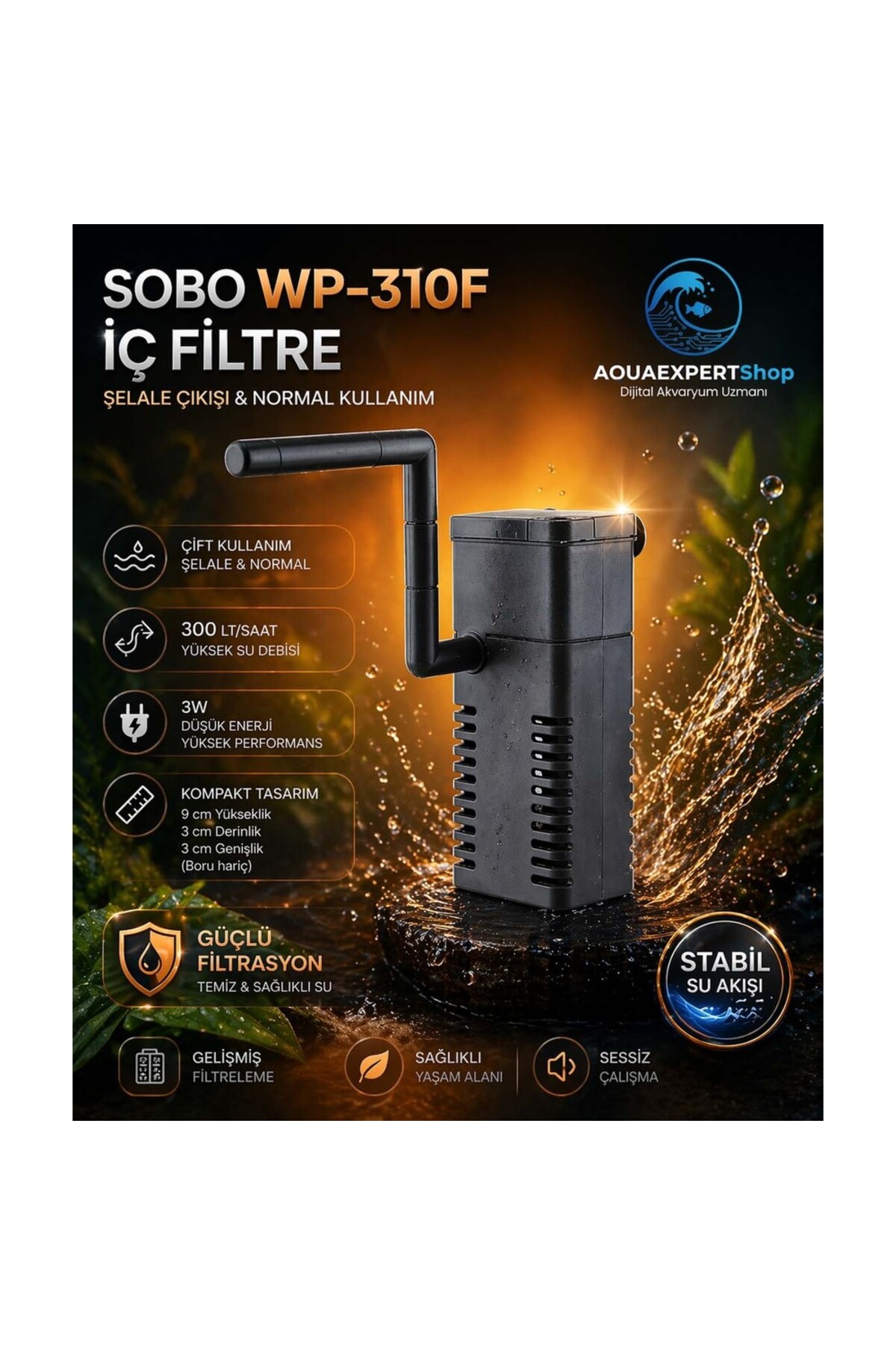 Sobo Akvaryum Şelale Aparatlı Iç Filtre - Çift Kullanım - 3W - 300 Lt/saat - WP-310F
