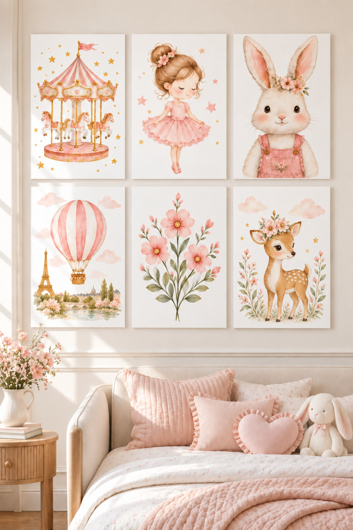 6 Parça Çerçevesiz MDF Çocuk Odası Tablo Seti – Pembe Suluboya Balerin, Tavşan, Ceylan, Atlıkarınca, Balon ve Çiçek