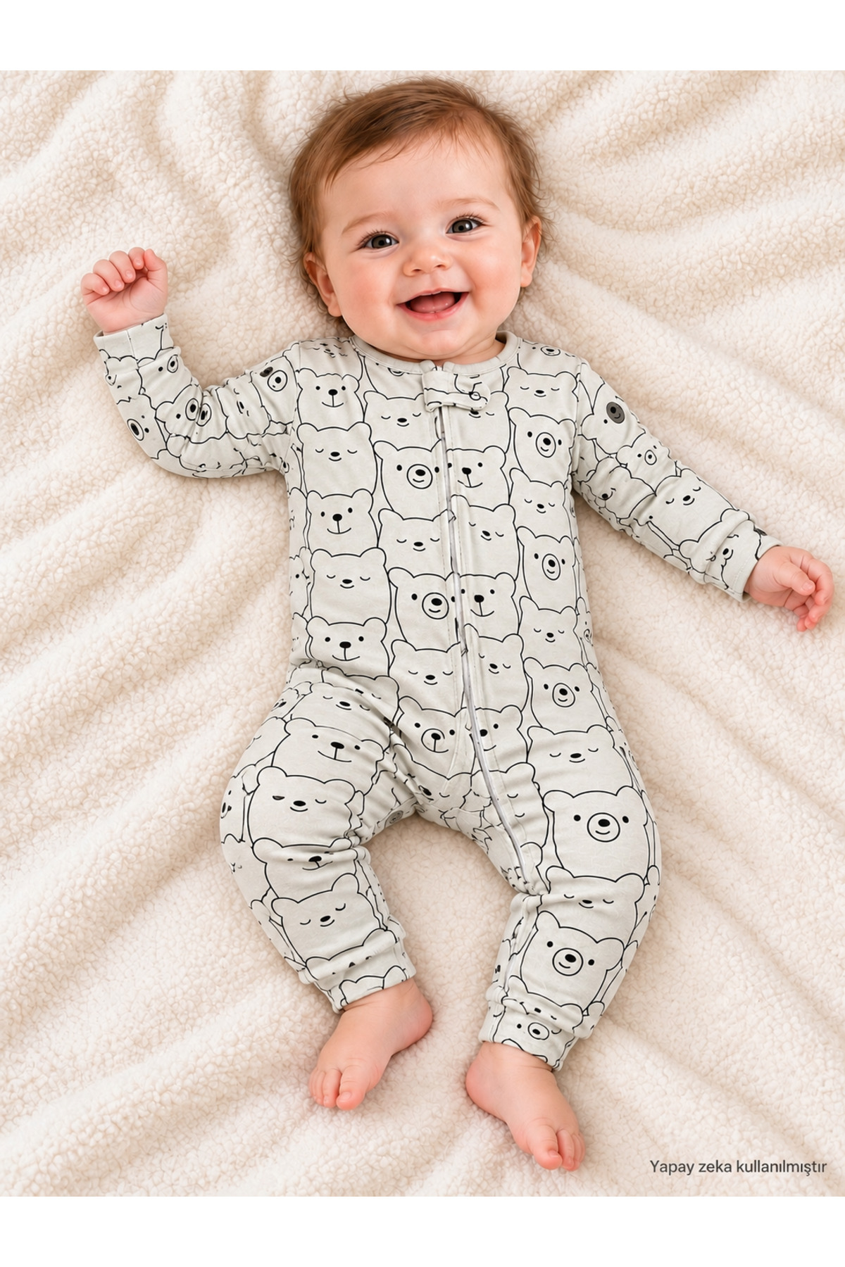 Unisex Bebek Ayıcık Desenli Fermuarlı Uzun Kollu Patiksiz Tulum