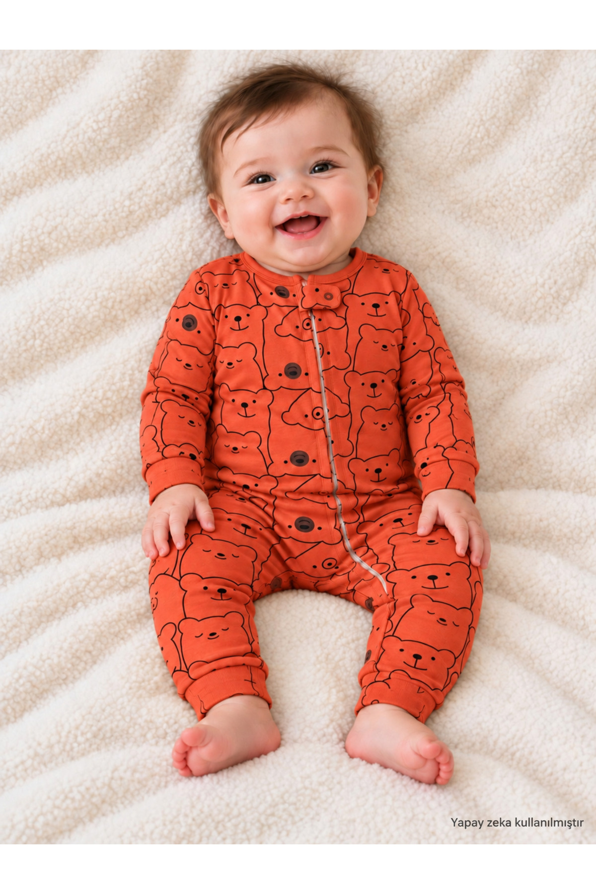 Unisex Bebek Ayıcık Desenli Fermuarlı Uzun Kollu Patiksiz Tulum