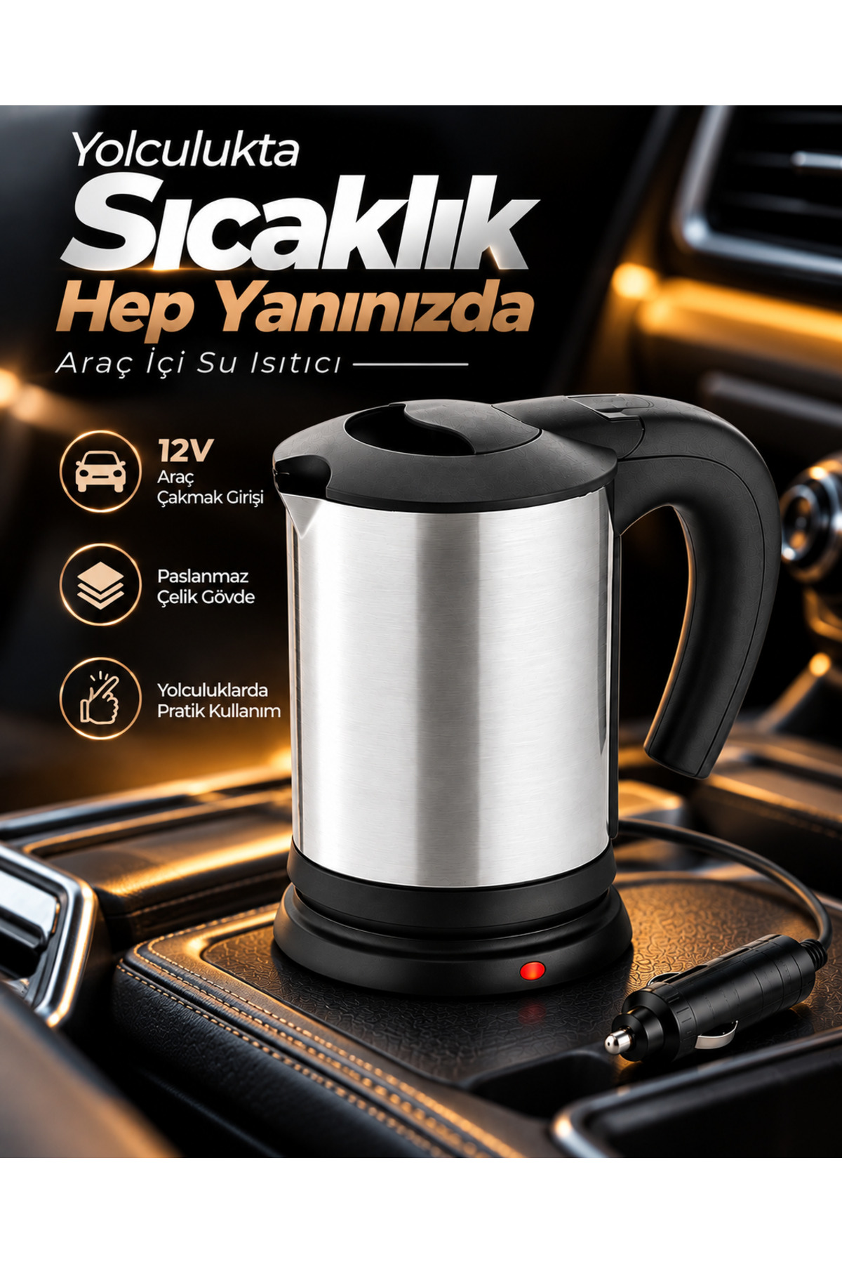 OEM 12V Araçakmak Girişli Paslanmaz Çelik Araç İçi Su Isıtıcı Seyahat Tipi Pratik Kettle