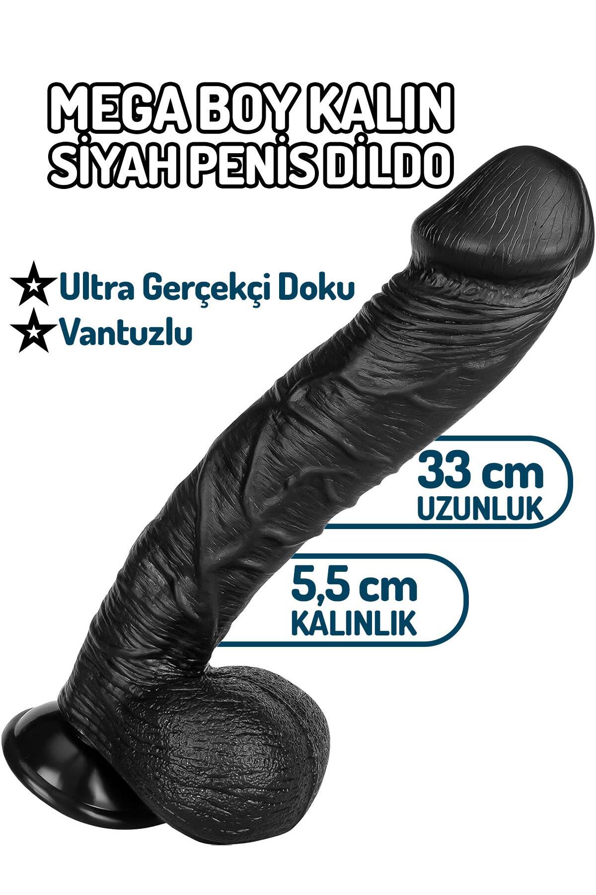 Ultra Gerçekçi Dokuda Mega Boy Kalın 33.5 Cm Güçlü Vantuzlu Penis Süper Realistik Siyah Dildo