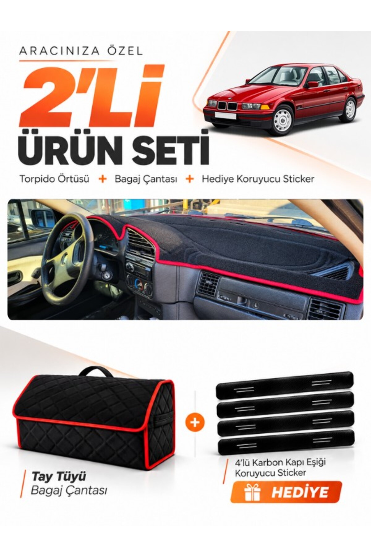 BMW 3.20i (E36) AIRBAGSİZ (1990-2000) Uyumlu Torpido Örtüsü + Tay Tüyü Bagaj Çantası Seti - BM013 Siyah-Kırmızı