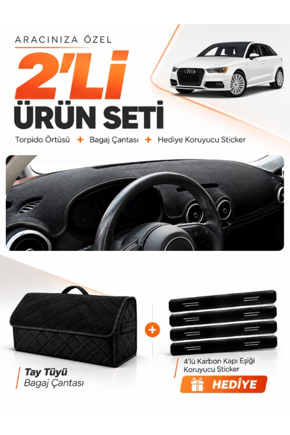 AUDİ A3 (2013-2020) Uyumlu Torpido Örtüsü + Tay Tüyü Bagaj Çantası + Sticker Seti - AU007 Siyah